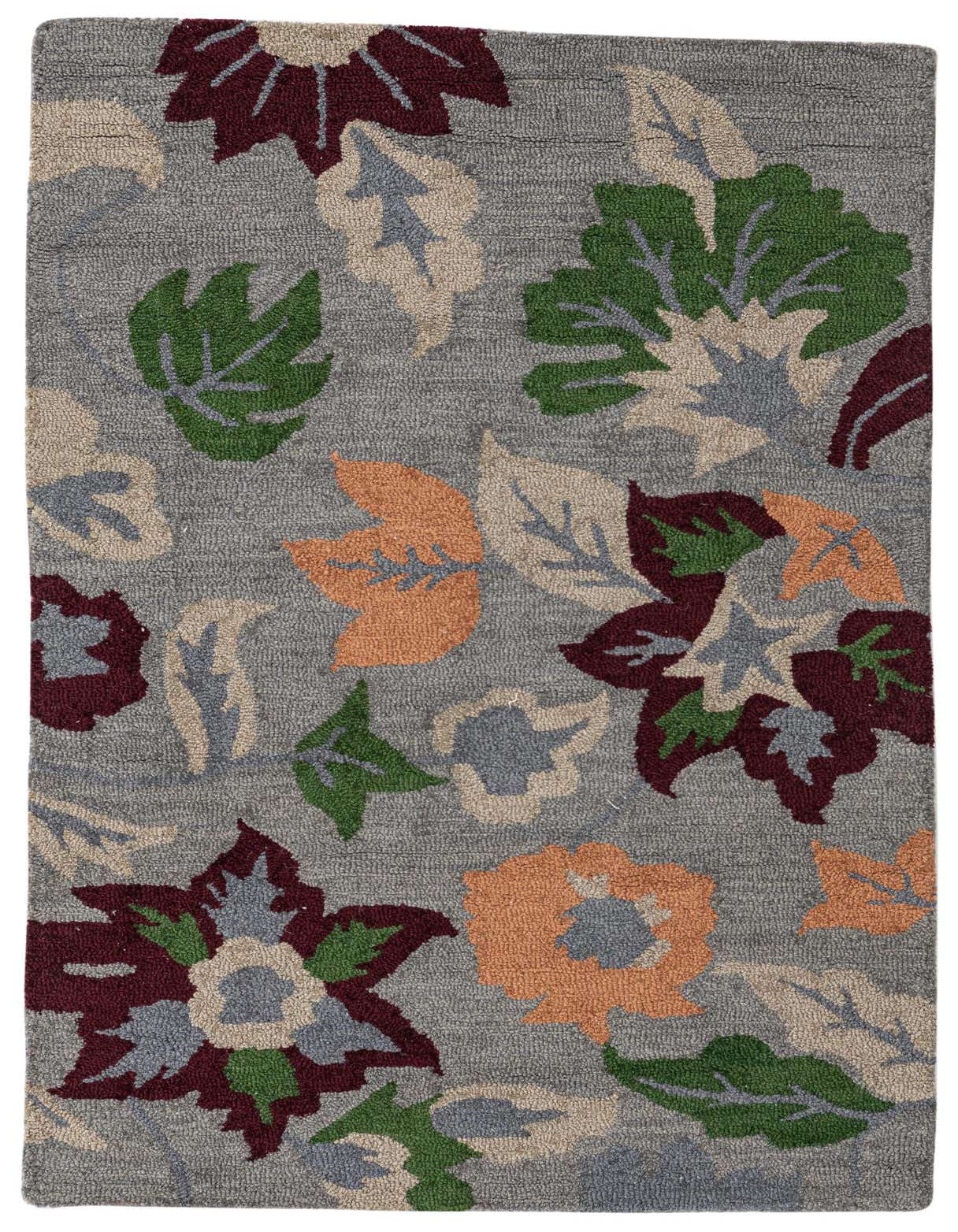 A 3x5 rectangular gray modern wool rug with a vibrant floral pattern featuring green, maroon, orange, and beige leaves.