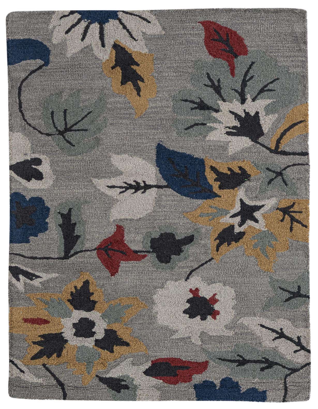 A 3x5 rectangular gray modern area rug with a vibrant floral pattern in blue, red, gold, and green.