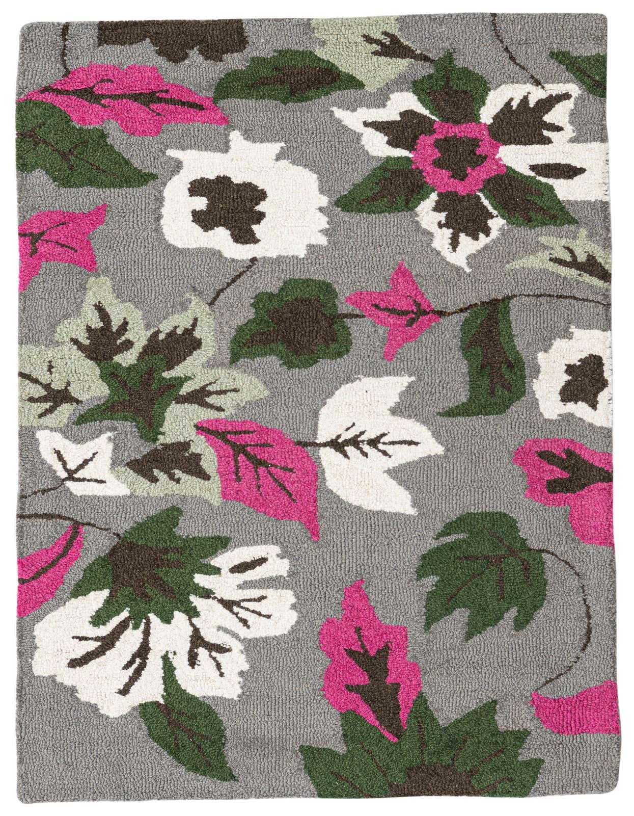 A 3x5 rectangular gray modern rug with a high pile, featuring large pink, white, and green floral and leaf patterns.