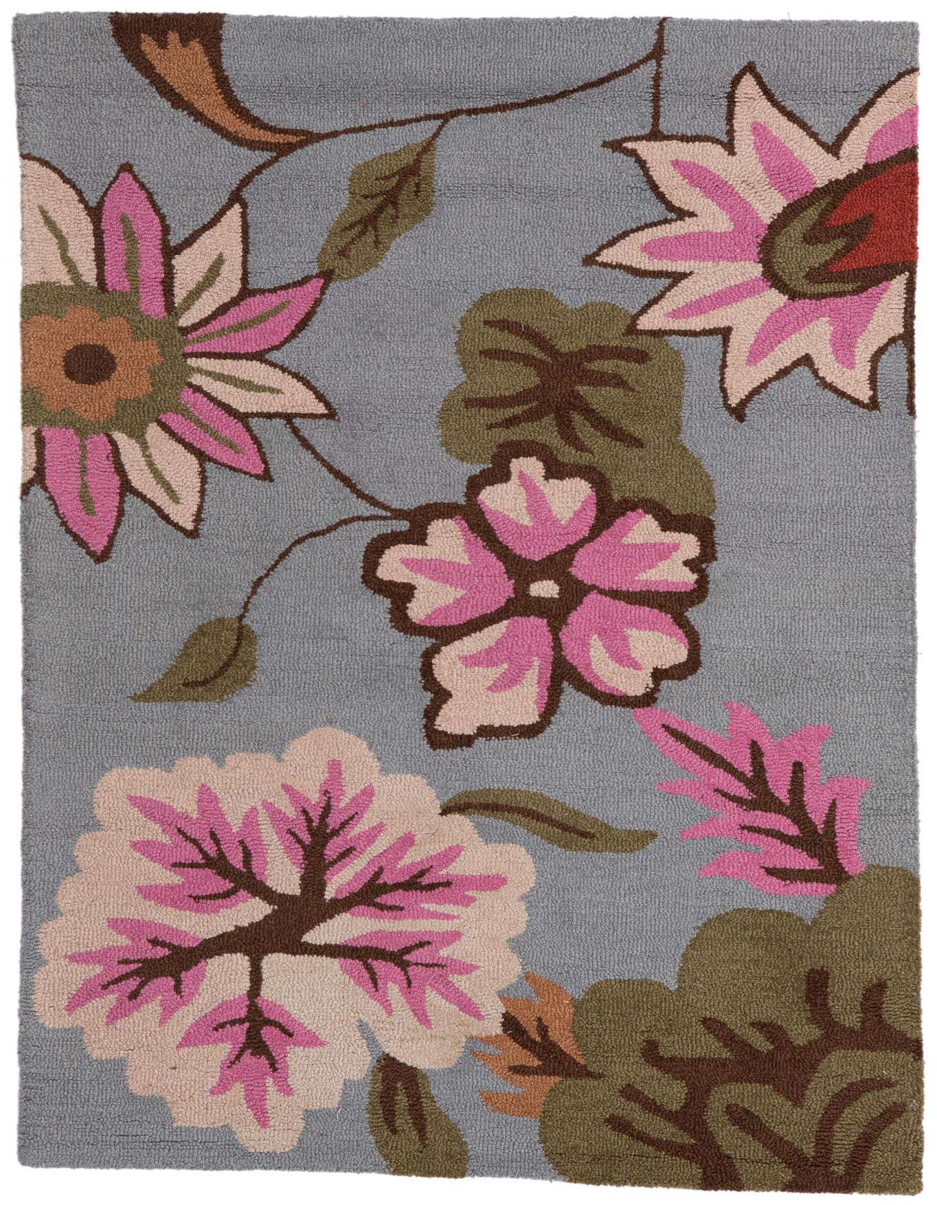 A 4x6 rectangular gray modern rug with large pink, cream, and brown floral patterns, suitable for a living room.