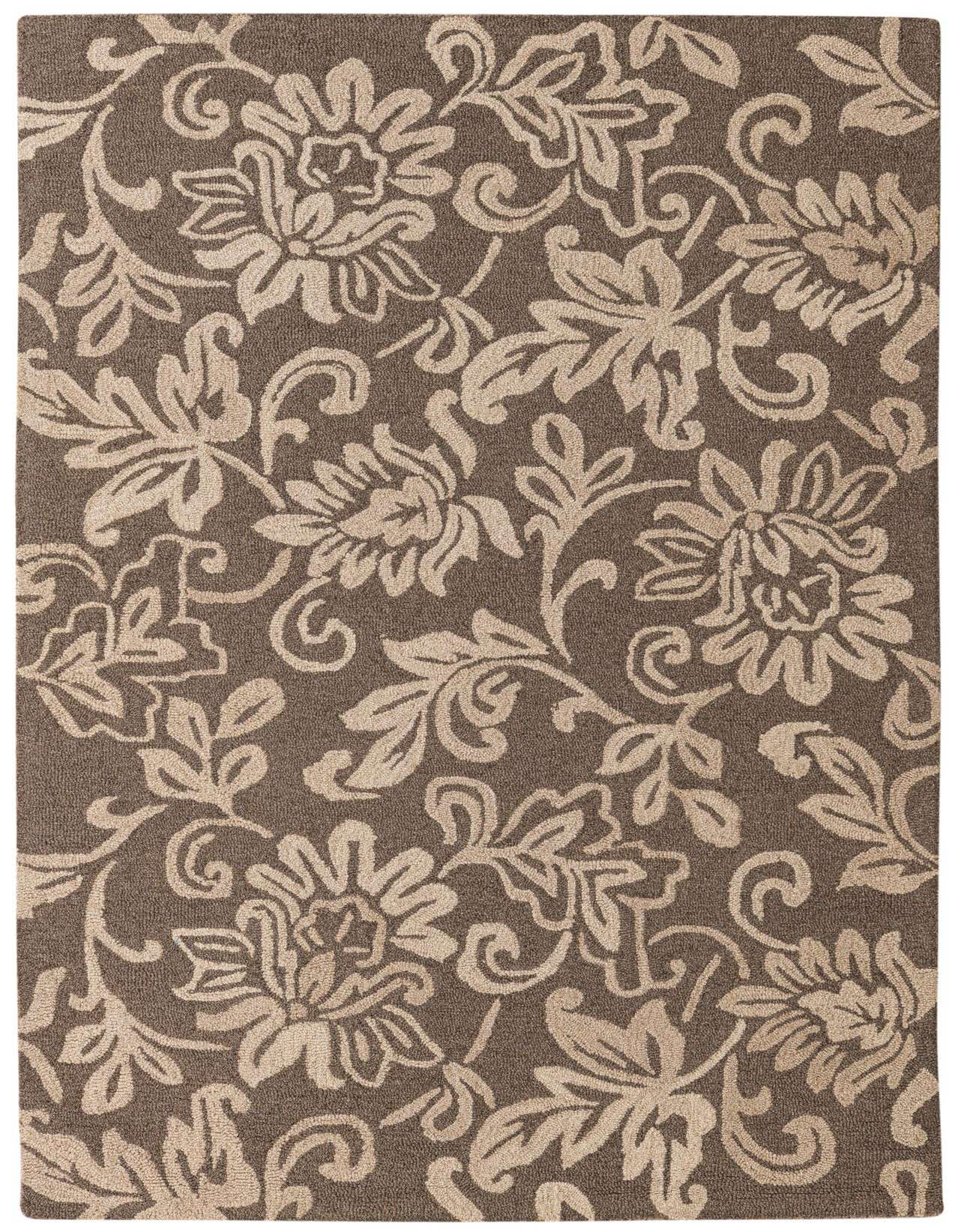 A 5x8 rectangular gray modern area rug with an intricate light beige floral and vine pattern, suitable for a living room.