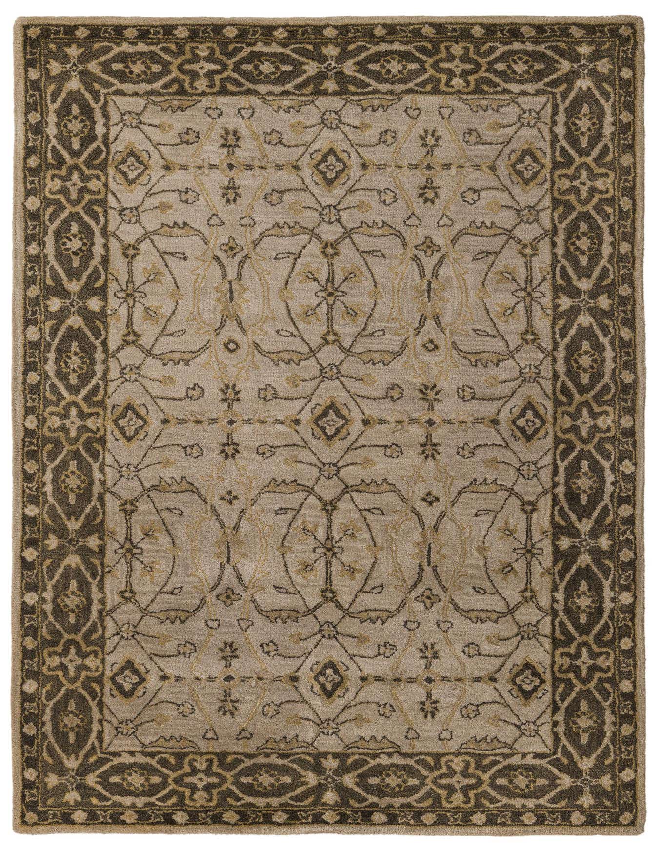A 5x8 rectangular gray area rug with a dark gray and gold floral border, suitable for a living room.