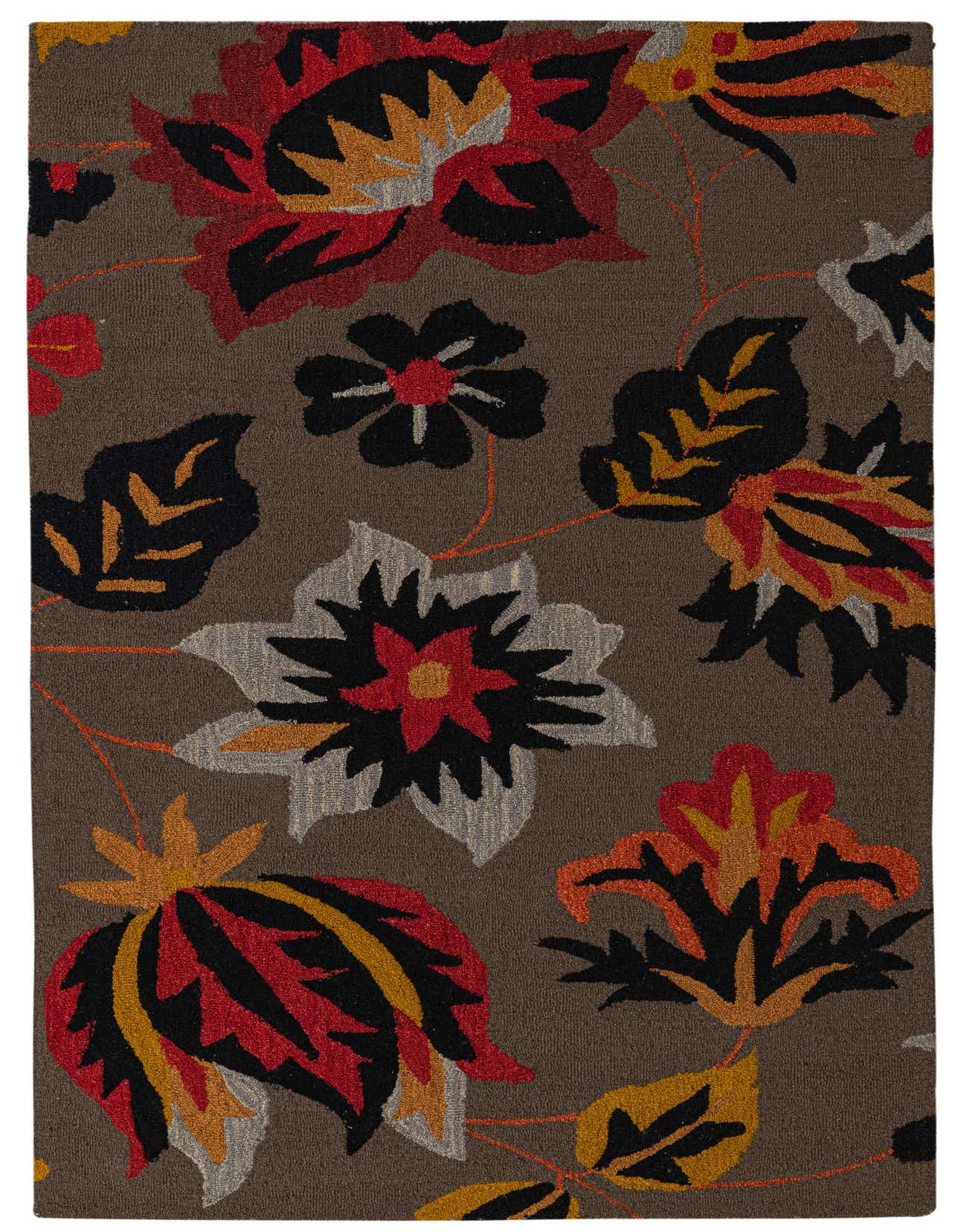 A 5x8 rectangular Agra rug with a modern floral pattern in shades of red, black, and gold on a gray background.