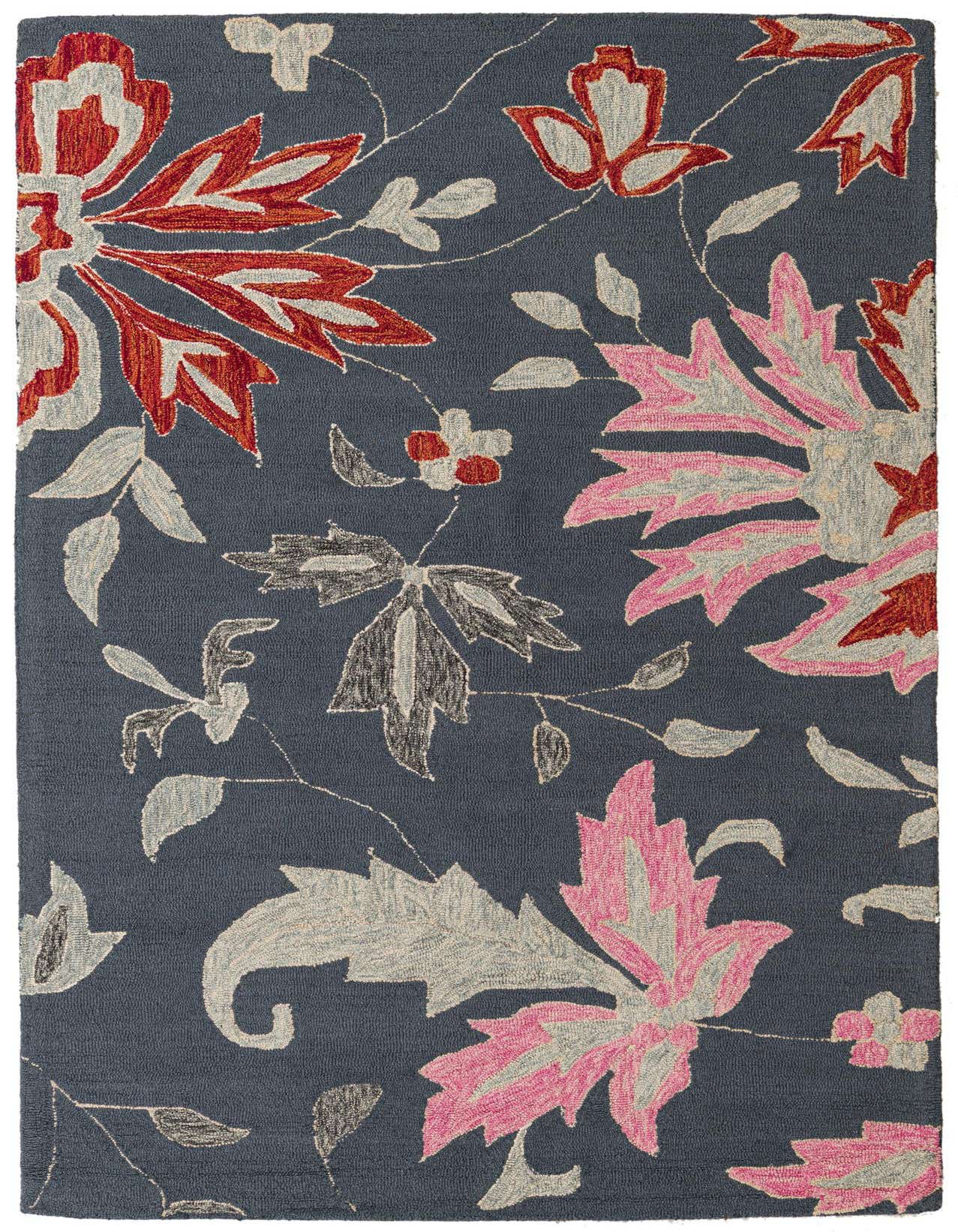 A rectangular 5x8 gray wool rug with a modern floral pattern in shades of red, pink, and gray.