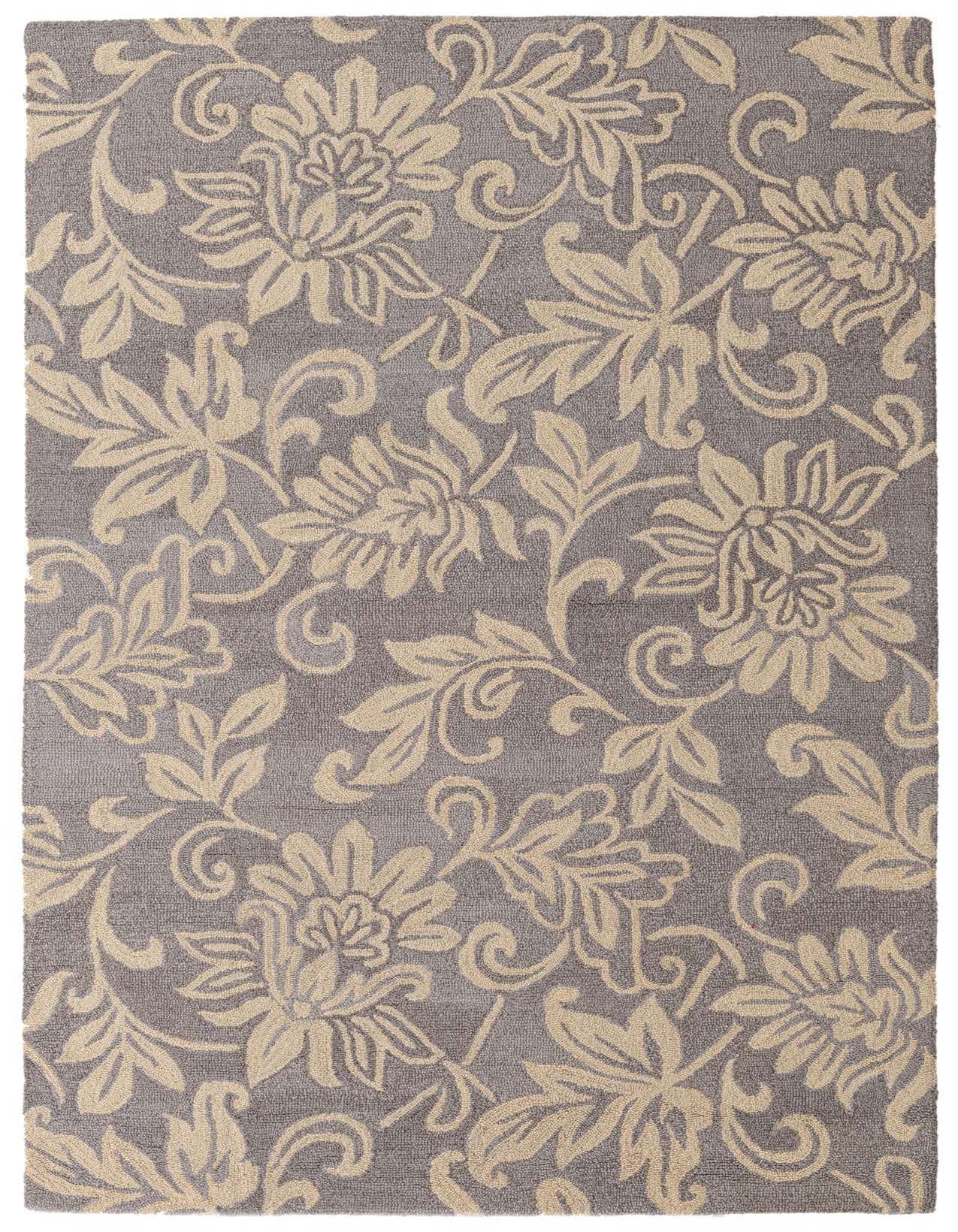 A 5x8 rectangular gray wool rug with an intricate beige floral and botanical pattern, perfect for a living room.