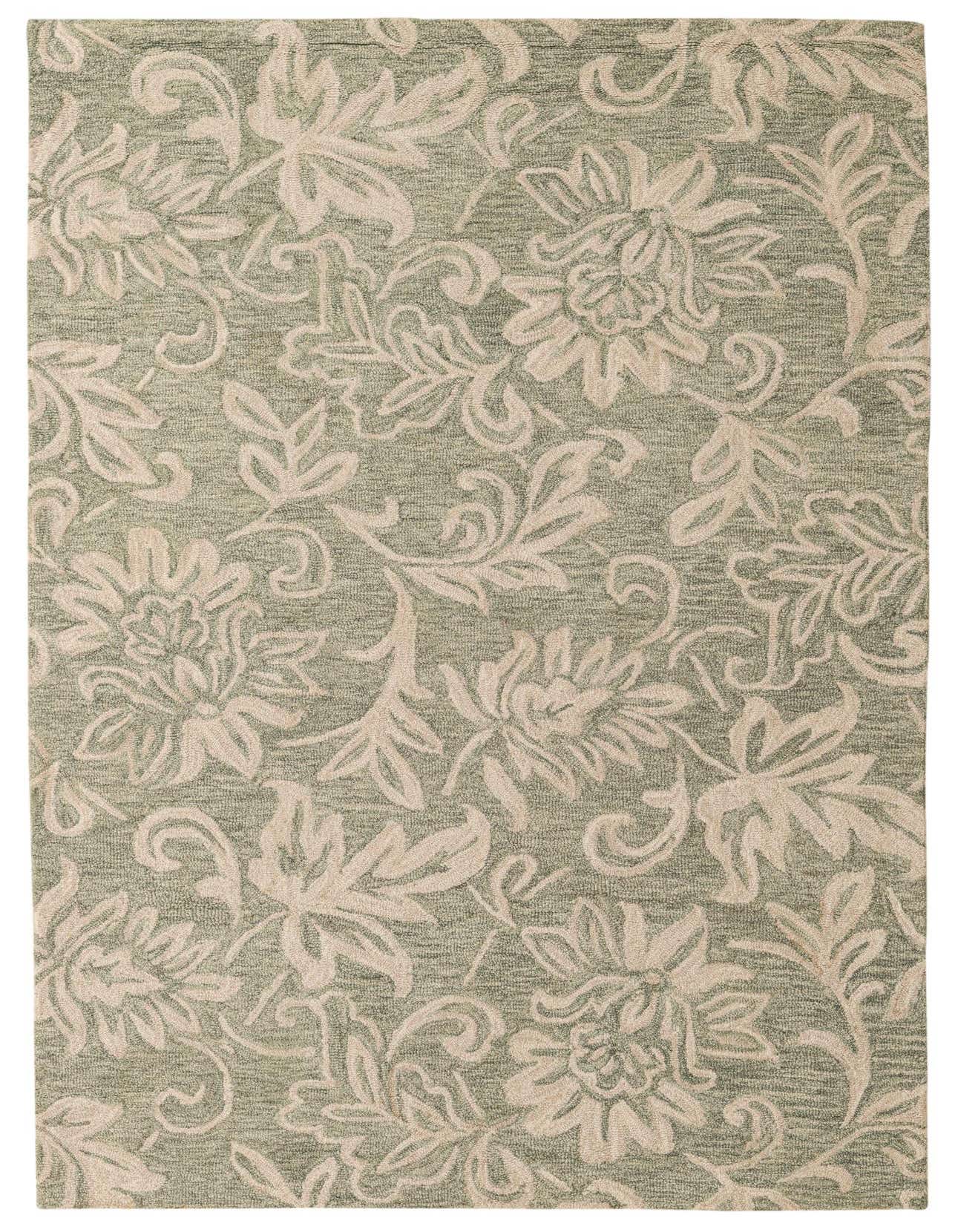 A 5x8 rectangular wool area rug with a traditional floral pattern in light gray on a darker gray background.