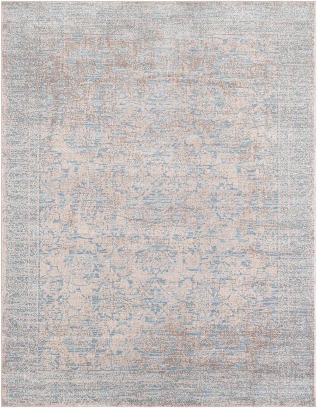 A 5x8 rectangular indoor rug featuring a distressed modern floral pattern in shades of gray and light blue.