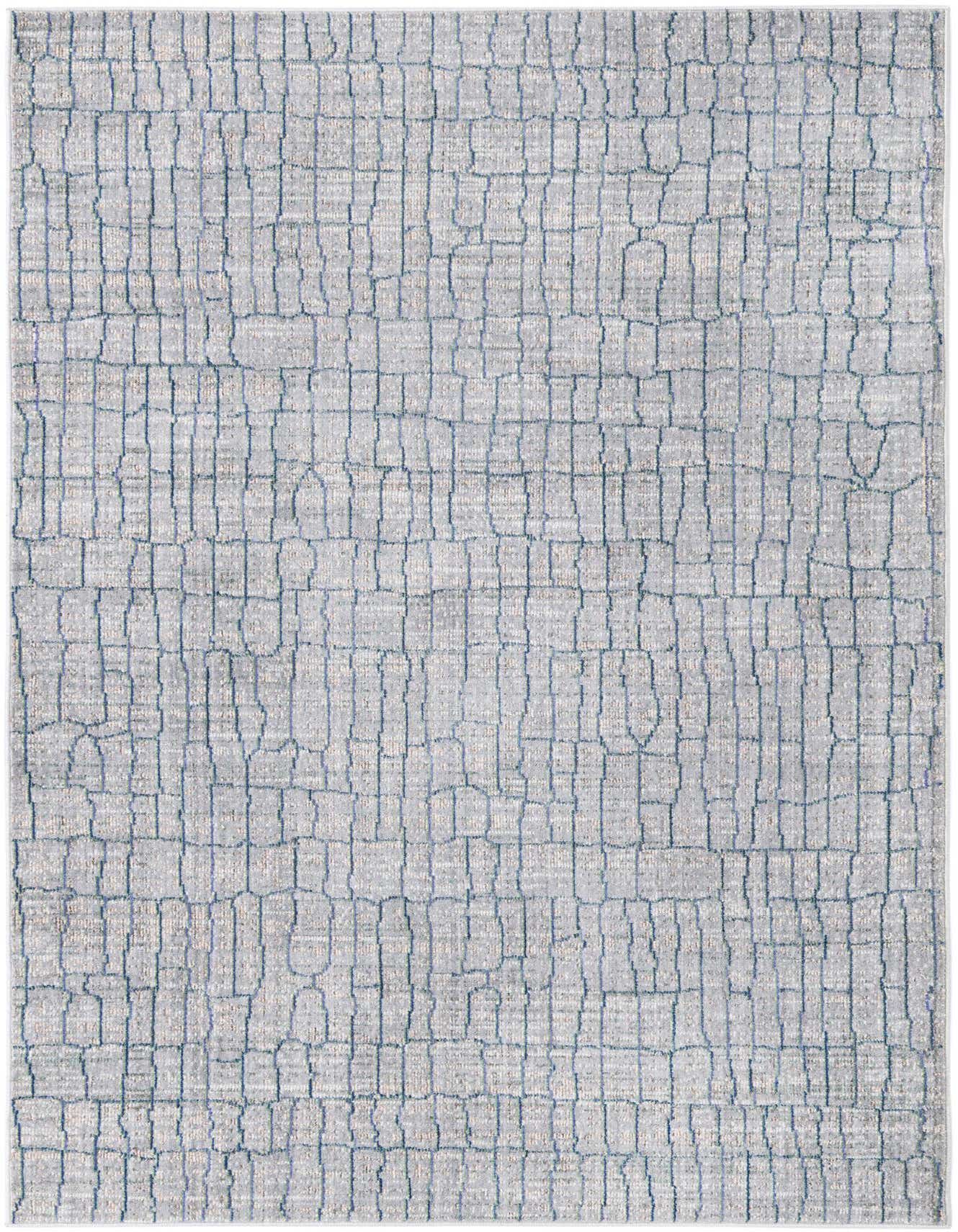 A 4x6 rectangular gray modern rug with an abstract grid pattern in varying shades of gray, suitable for a living room or office.