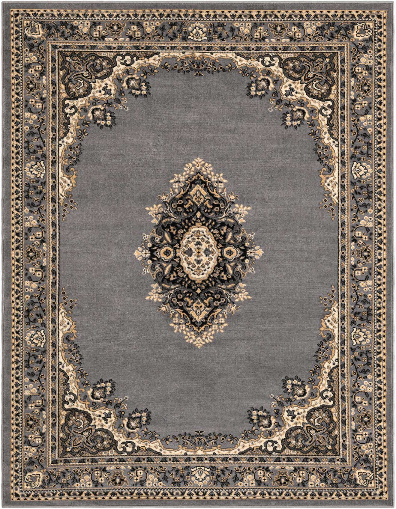 A 5x8 rectangular gray traditional rug with a central medallion and ornate border in black, gold, and cream.