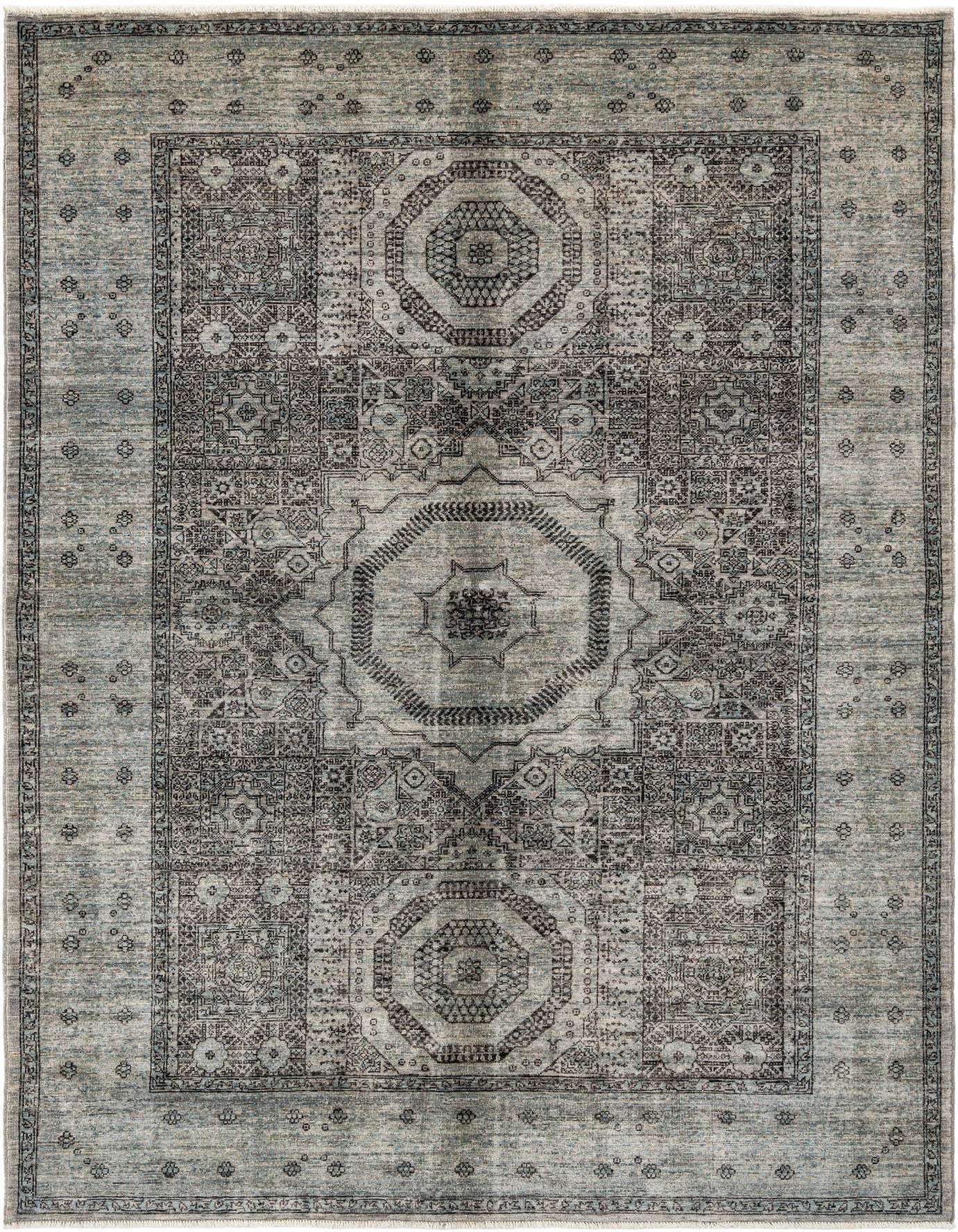 A rectangular gray Persian wool rug with intricate traditional patterns and a distressed finish, suitable for an indoor living space.
