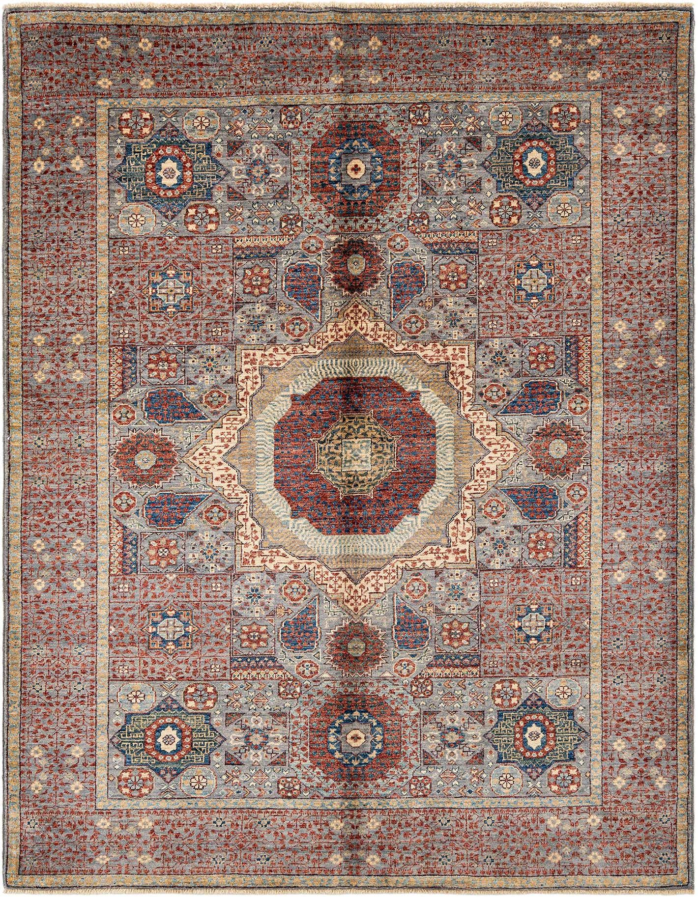 A rectangular handmade Persian rug featuring a complex gray, silver, and red medallion pattern with intricate floral and geometric motifs.