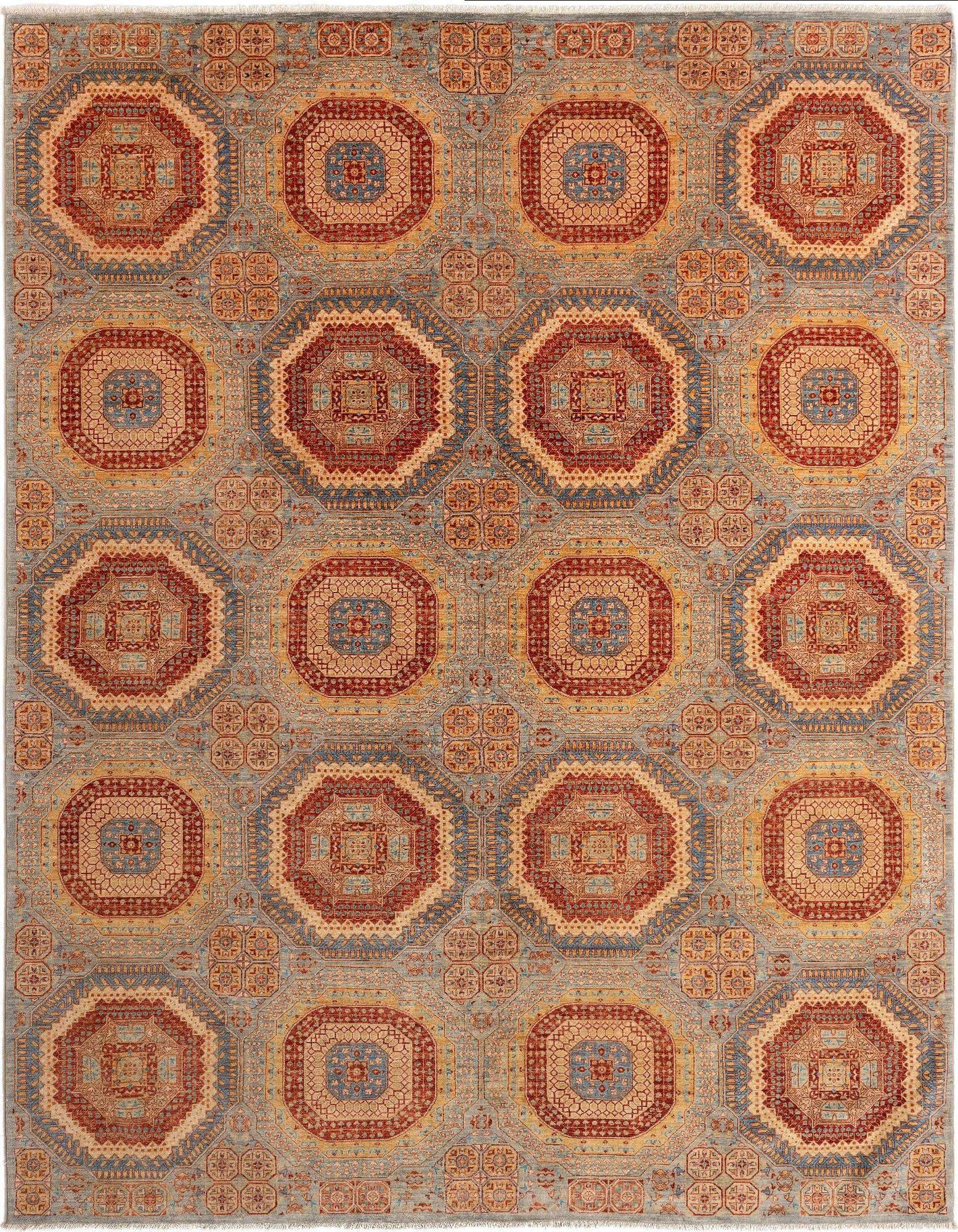 A rectangular handmade Persian rug with a gray background and repeating octagonal medallions in red, blue, and gold.
