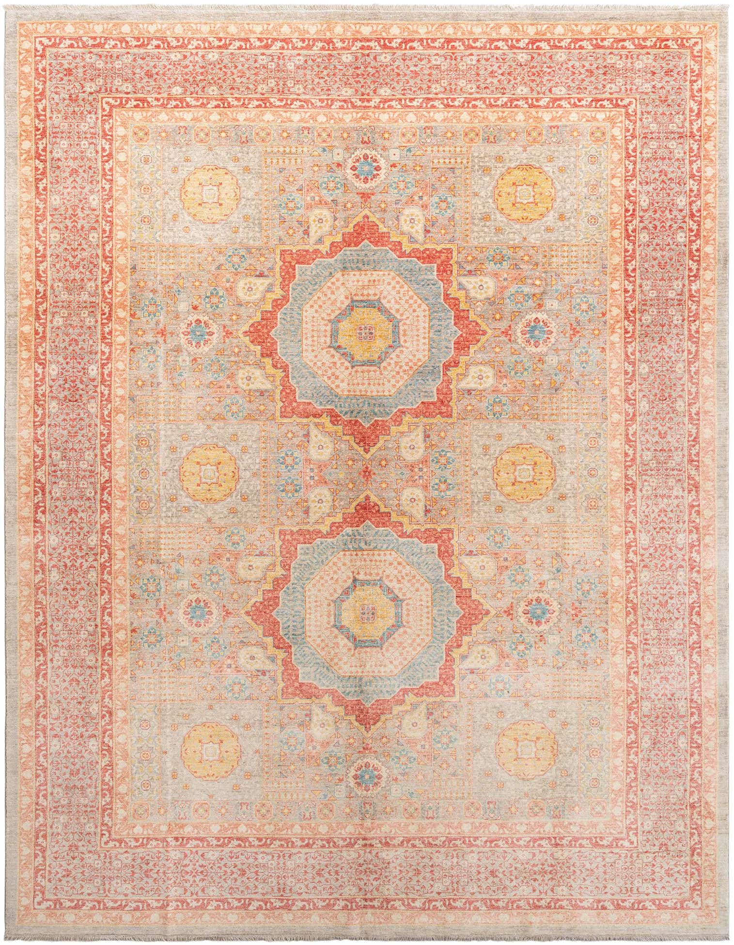 A rectangular handmade Persian rug featuring a central medallion design in muted grays, silvers, reds, and blues.