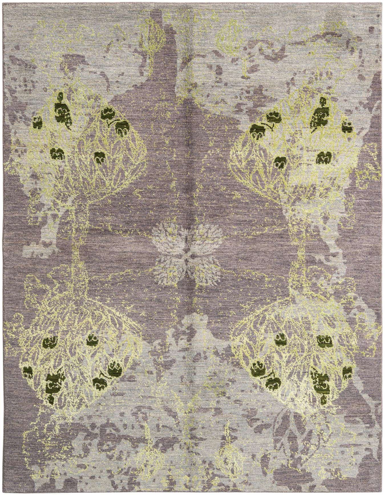 Handmade rectangular Persian rug with a distressed gray and silver background, featuring abstract lime green and dark green botanical patterns.
