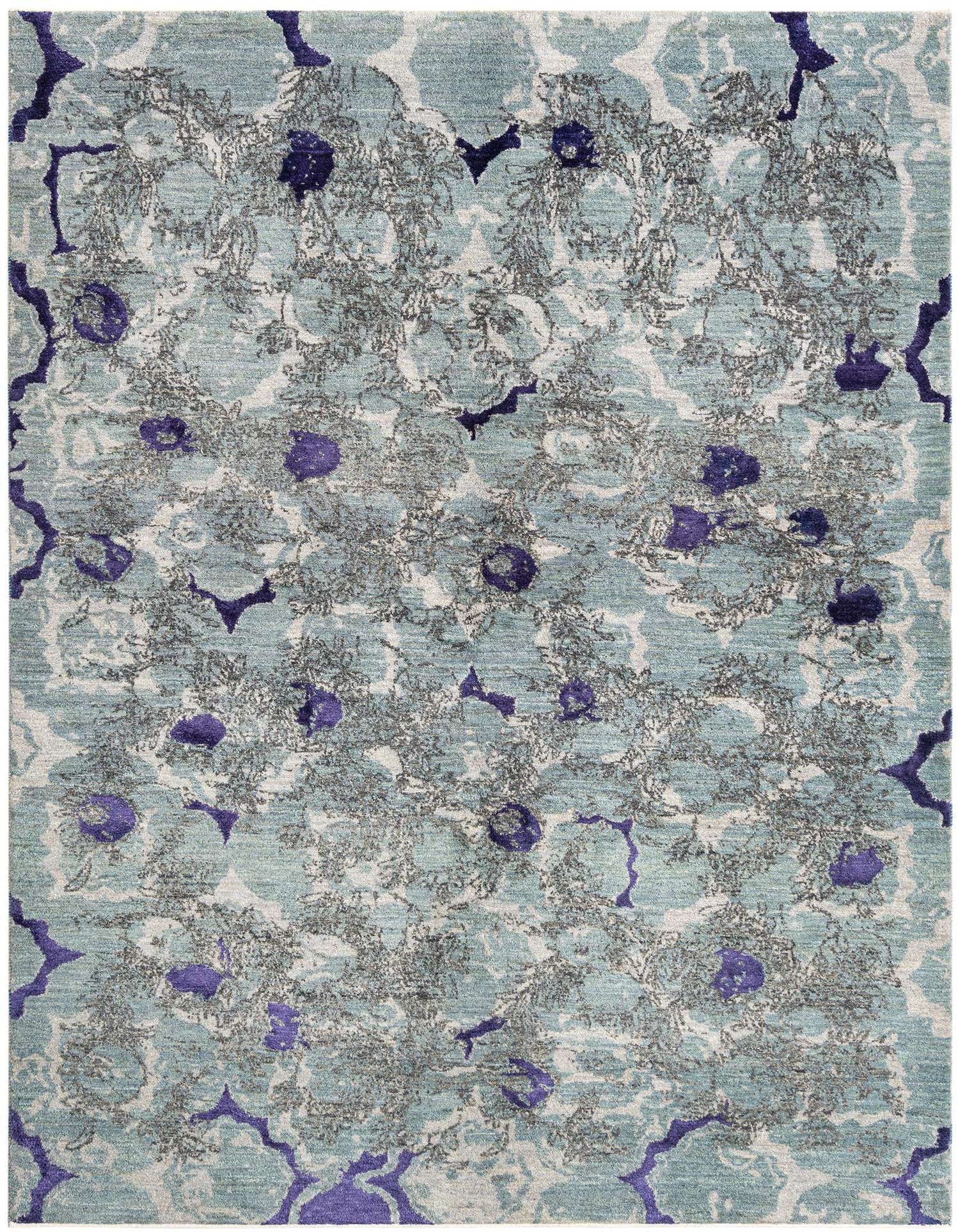 A rectangular handmade Persian wool rug featuring a distressed gray and silver floral pattern with subtle purple accents.