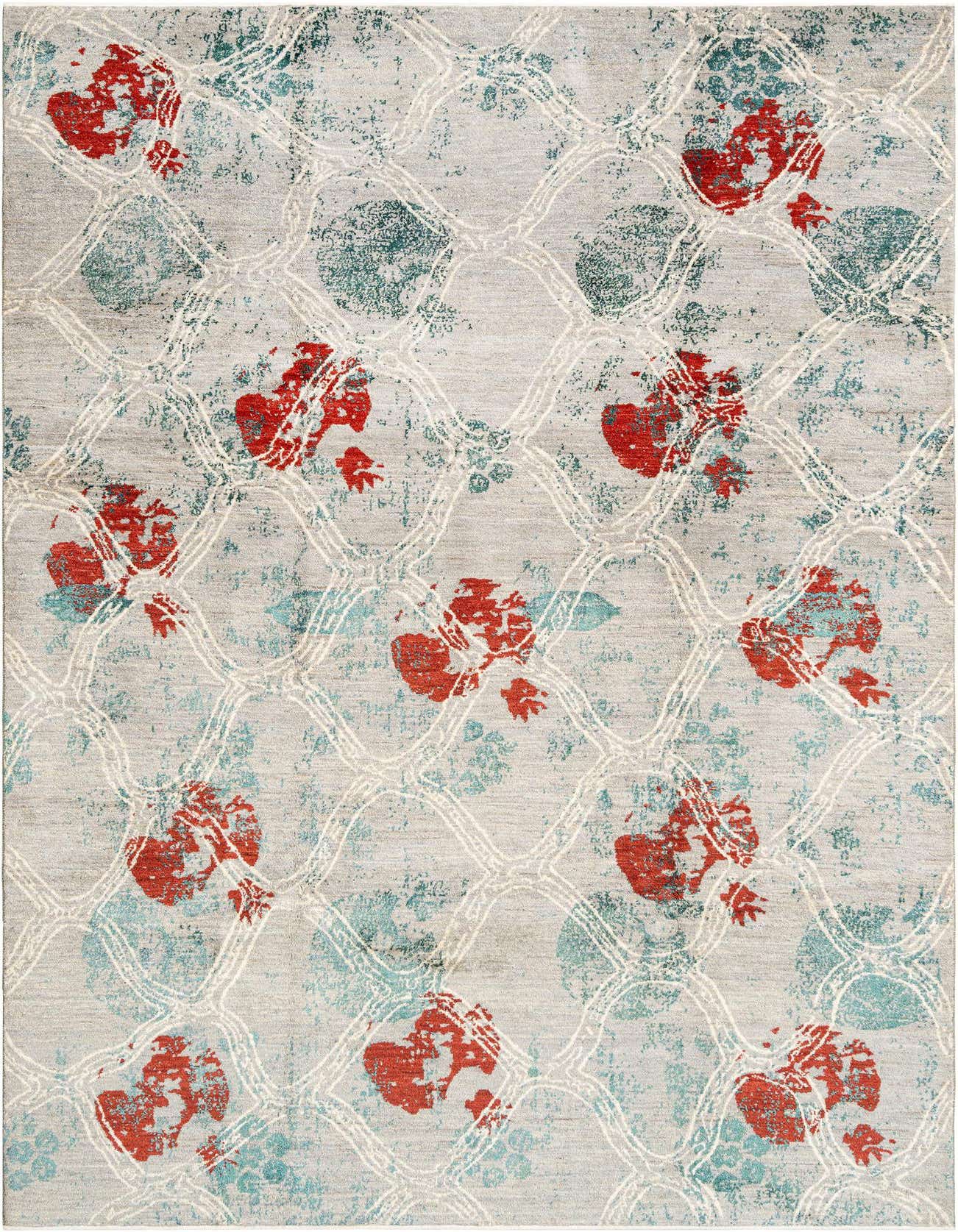 Rectangular Anar Collection rug by Rugs.com featuring a gray base with distressed red floral motifs and teal accents, overlaid with a subtle white geometric lattice pattern.