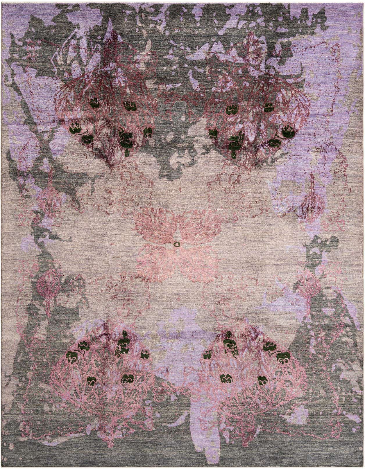 A rectangular Anar Collection rug featuring an abstract Persian pattern in shades of gray, silver, lavender, and faded rose.