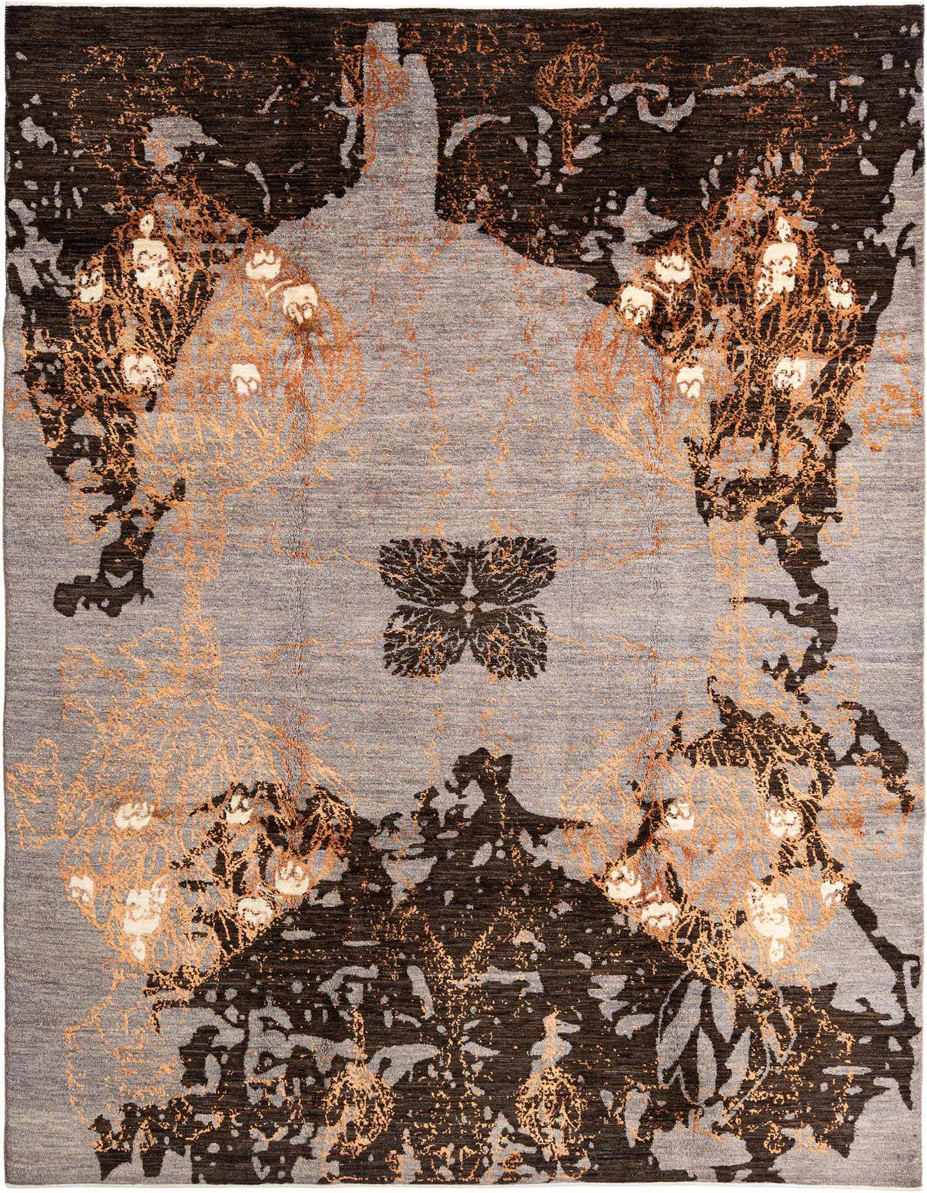 A rectangular Anar Collection wool rug featuring an abstract Persian pattern in shades of gray, silver, black, and copper.