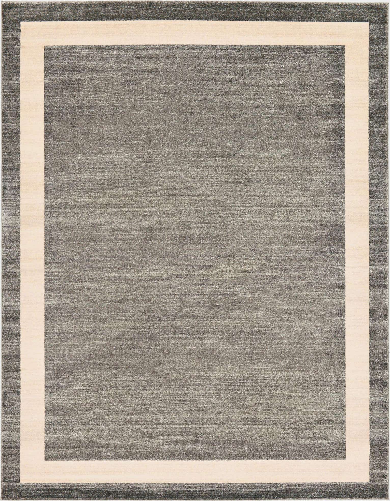 A 9x12 rectangular gray area rug with a light beige inner border and a darker gray outer border, suitable for a modern living room.