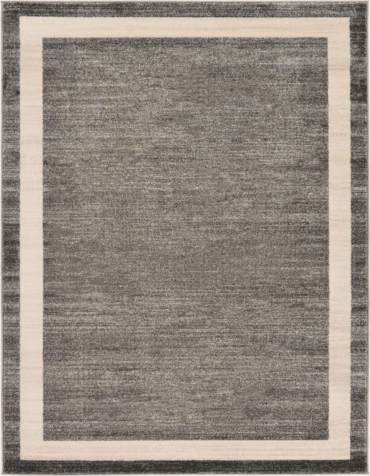 A 5x8 rectangular gray area rug with a subtle off-white border and a darker gray outer edge, suitable for a modern living room.