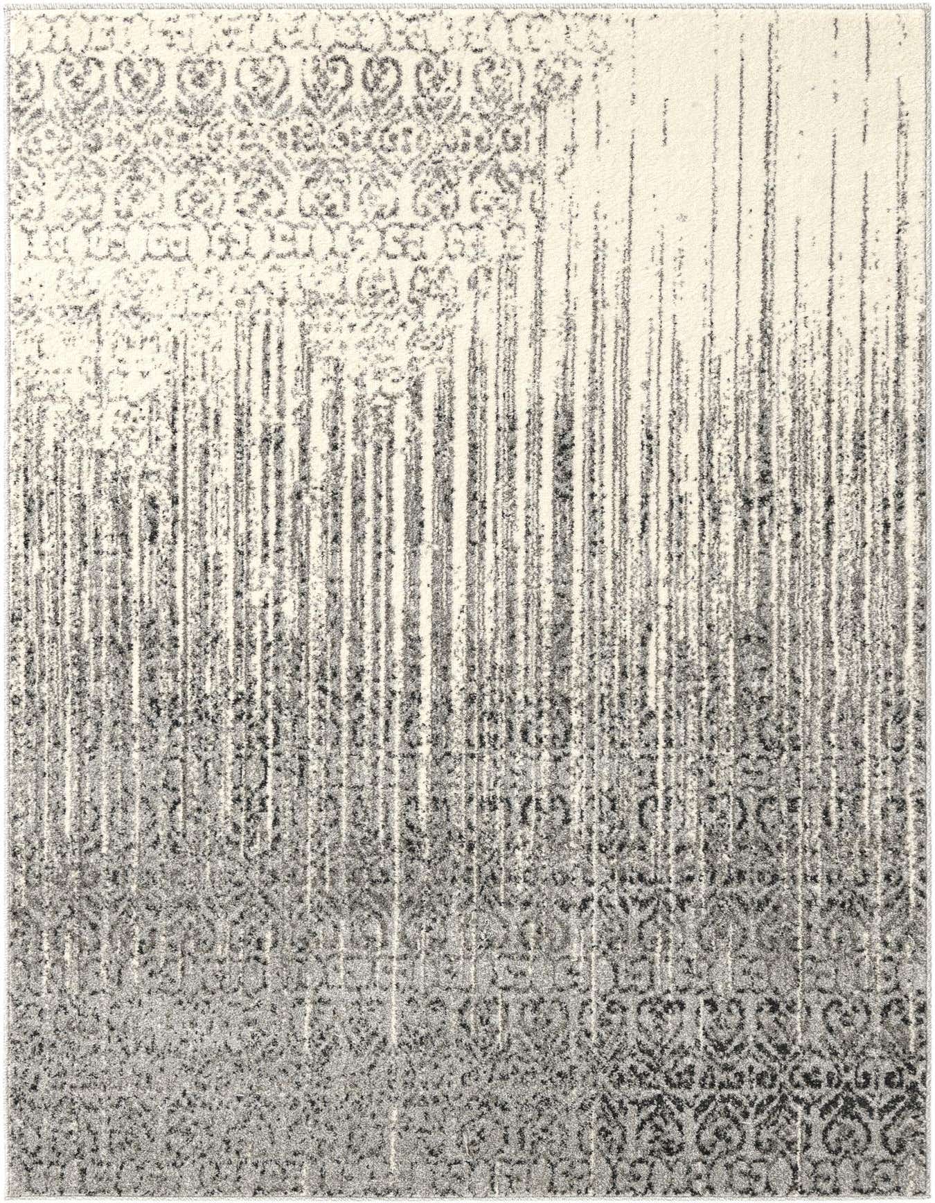 A rectangular 4x6 gray and silver transitional area rug with an abstract distressed pattern, suitable for a modern living space.