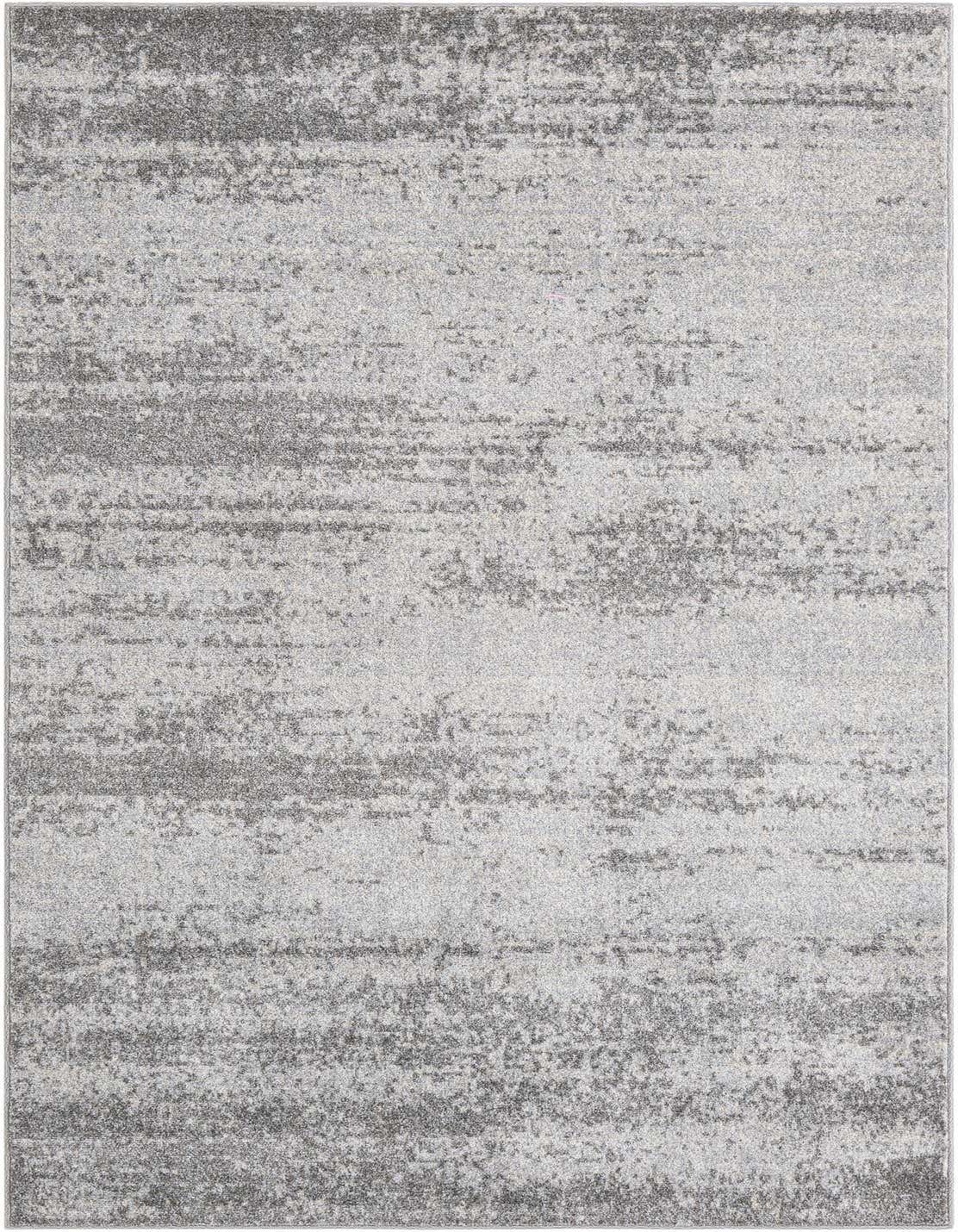 A 6x9 rectangular gray and silver area rug featuring a subtle distressed, abstract pattern with varying shades.