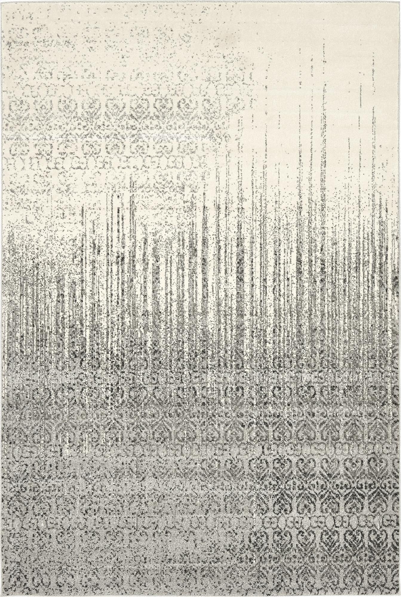 A 6x9 rectangular gray and silver transitional area rug with a modern abstract and vintage-inspired pattern.