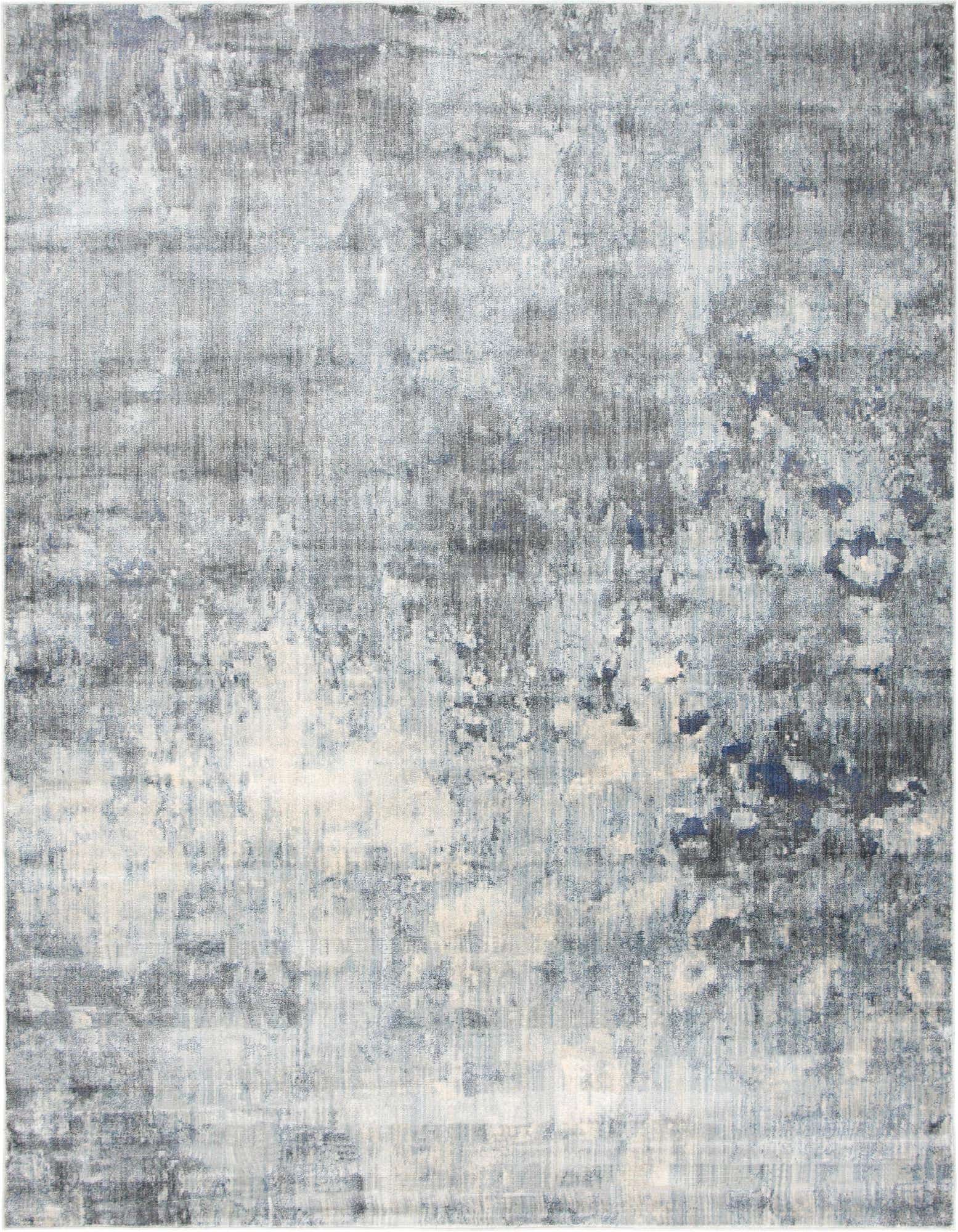 An 8x10 rectangular area rug featuring an abstract, distressed pattern in varying shades of gray, silver, and subtle blue.