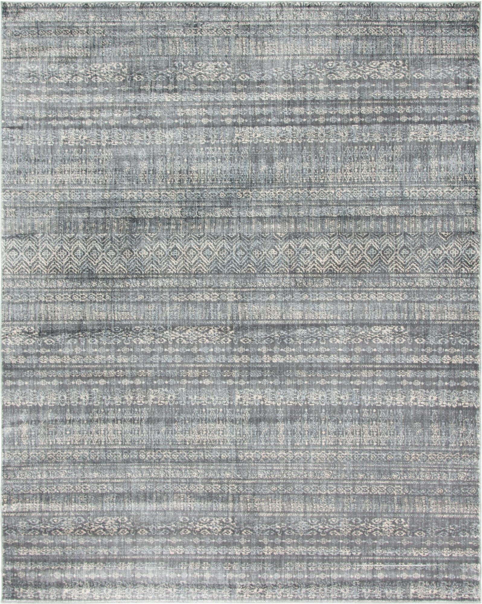 A rectangular 8x10 gray area rug with a distressed bohemian stripe pattern, featuring various geometric and floral motifs.