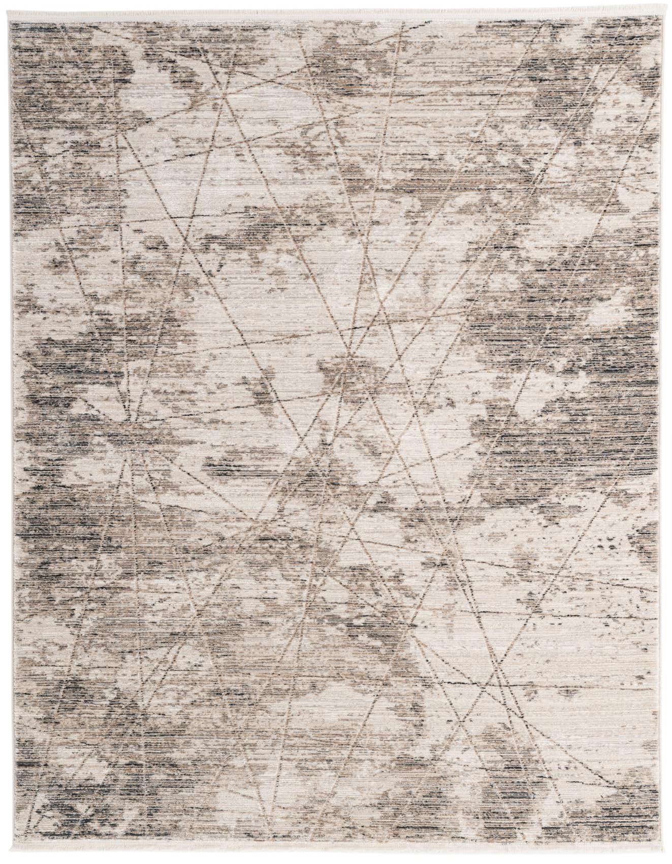 A 5x8 rectangular modern area rug in shades of gray and silver with an abstract geometric pattern.