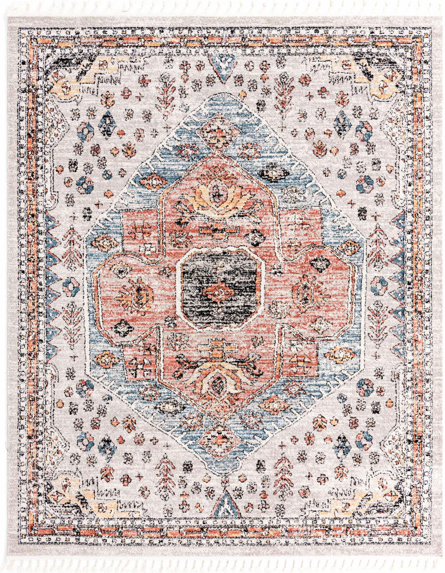 A rectangular 8x10 Aramis rug featuring a vintage Oriental medallion pattern in grays, silvers, terracotta, and blue hues.