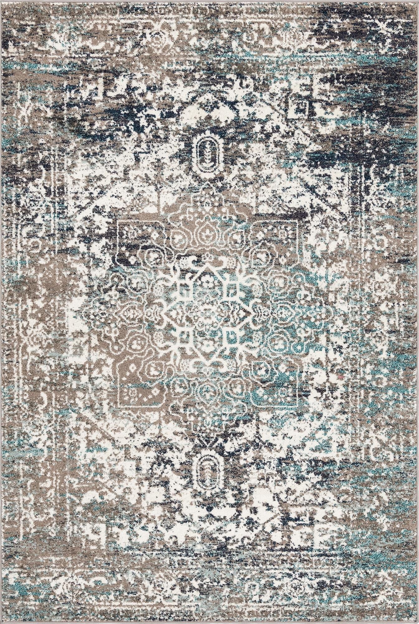 A 6x9 rectangular Arlington rug with a distressed traditional medallion pattern in shades of gray, silver, teal, and dark blue.