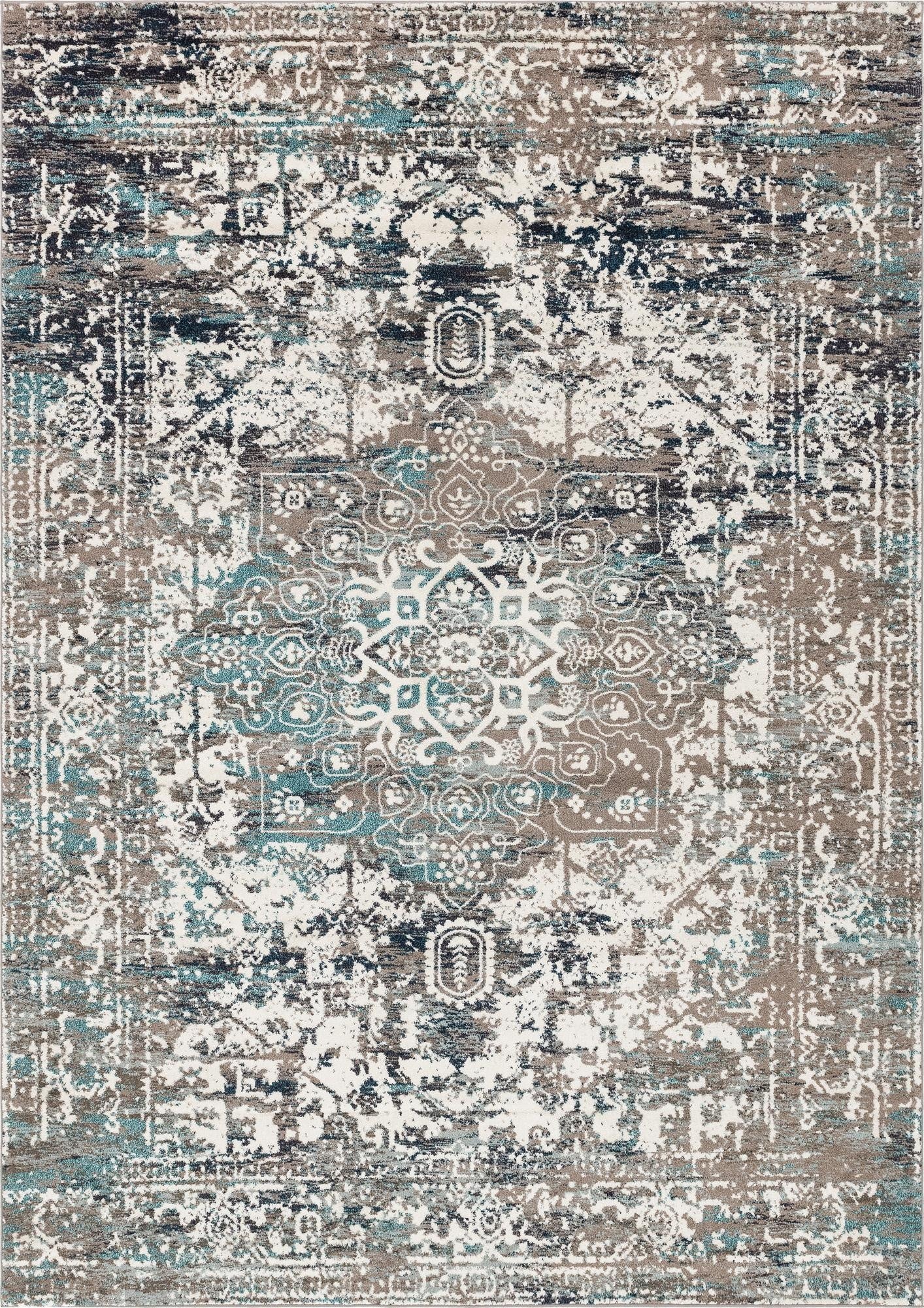 A 10x14 rectangular Arlington rug with a distressed medallion pattern in shades of gray, silver, and teal.