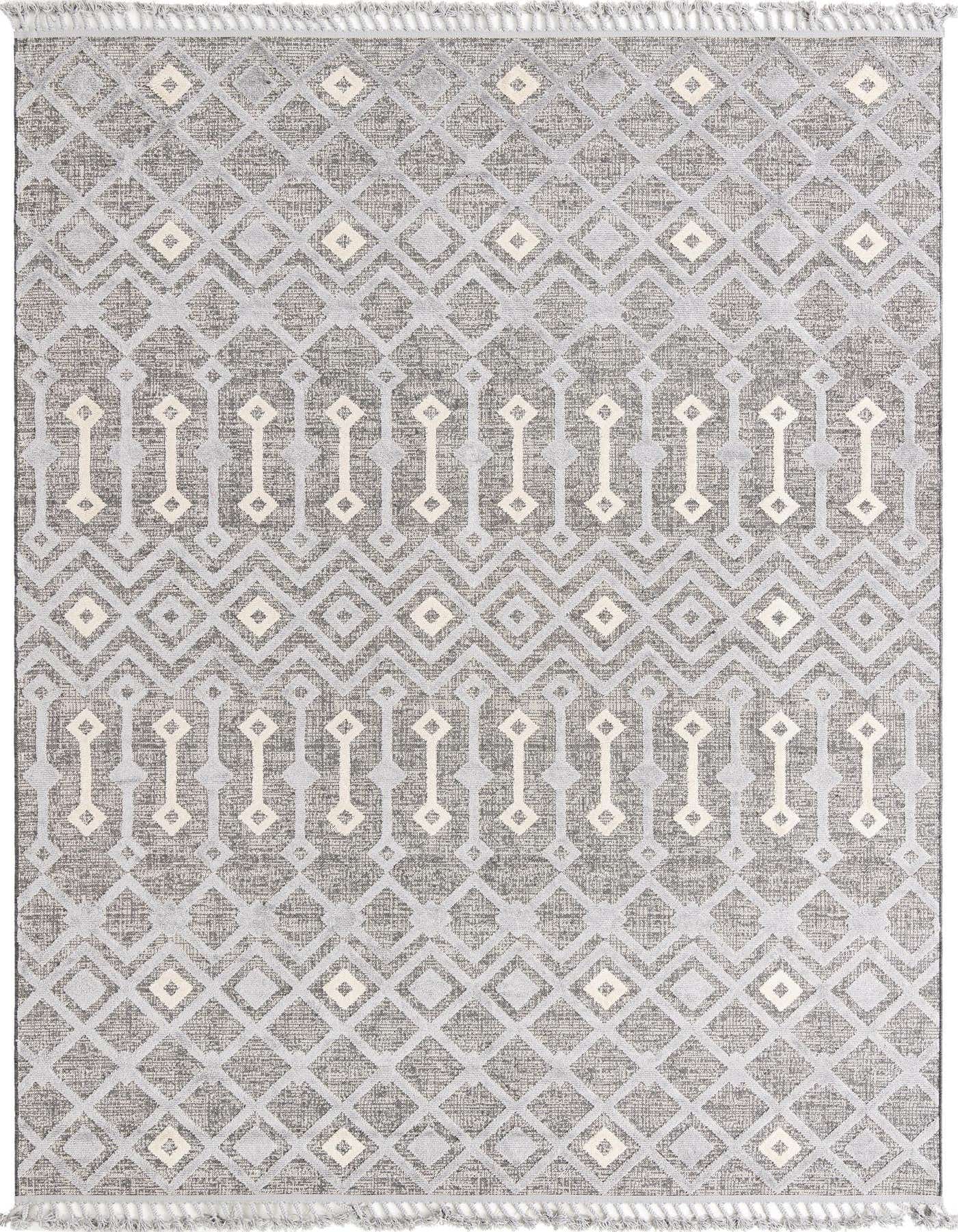 A 9x12 rectangular gray tribal rug with a modern geometric pattern and fringe, perfect for a living room.
