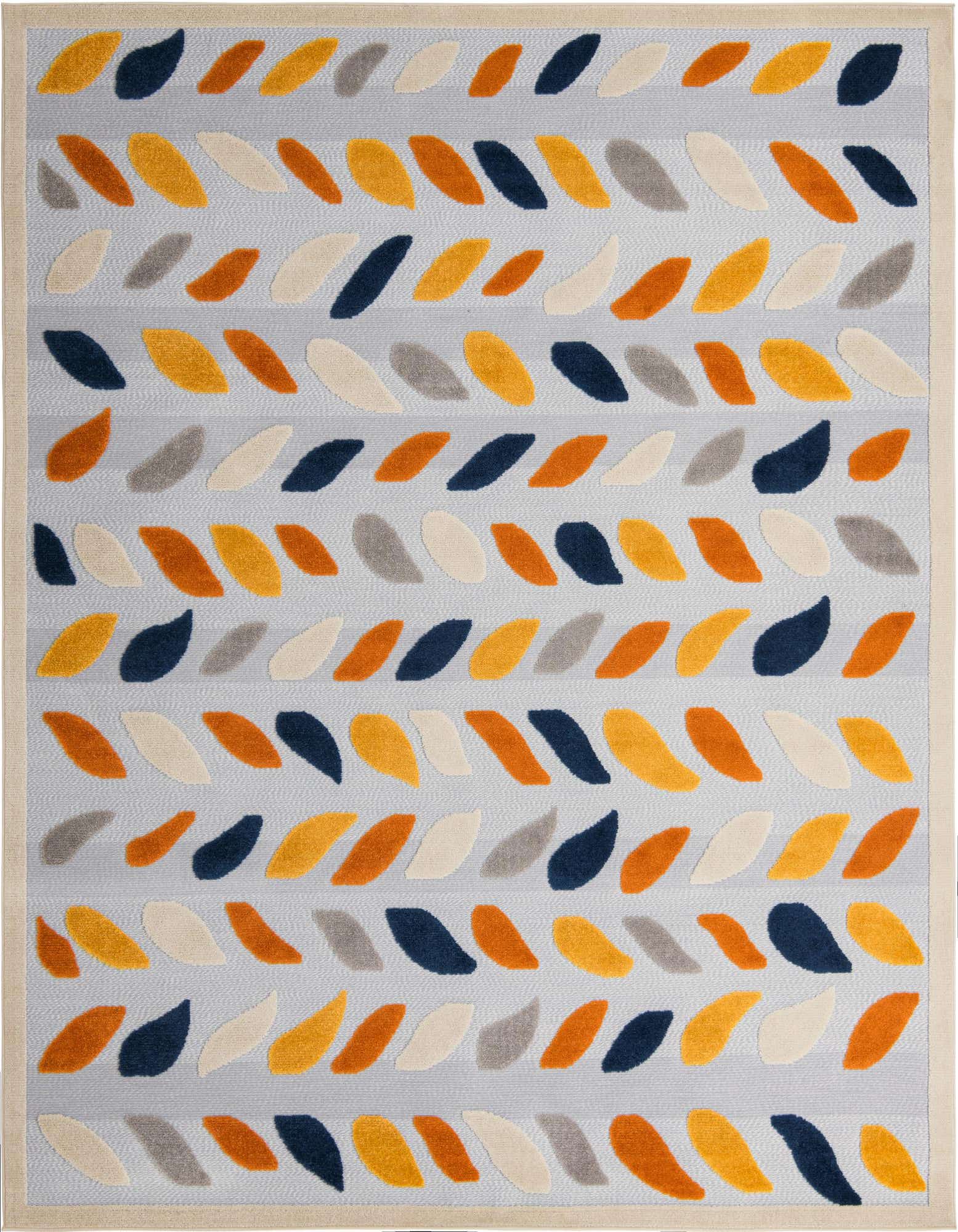 A 9x12 rectangular gray indoor/outdoor rug with a modern leaf pattern in orange, yellow, navy, and cream.