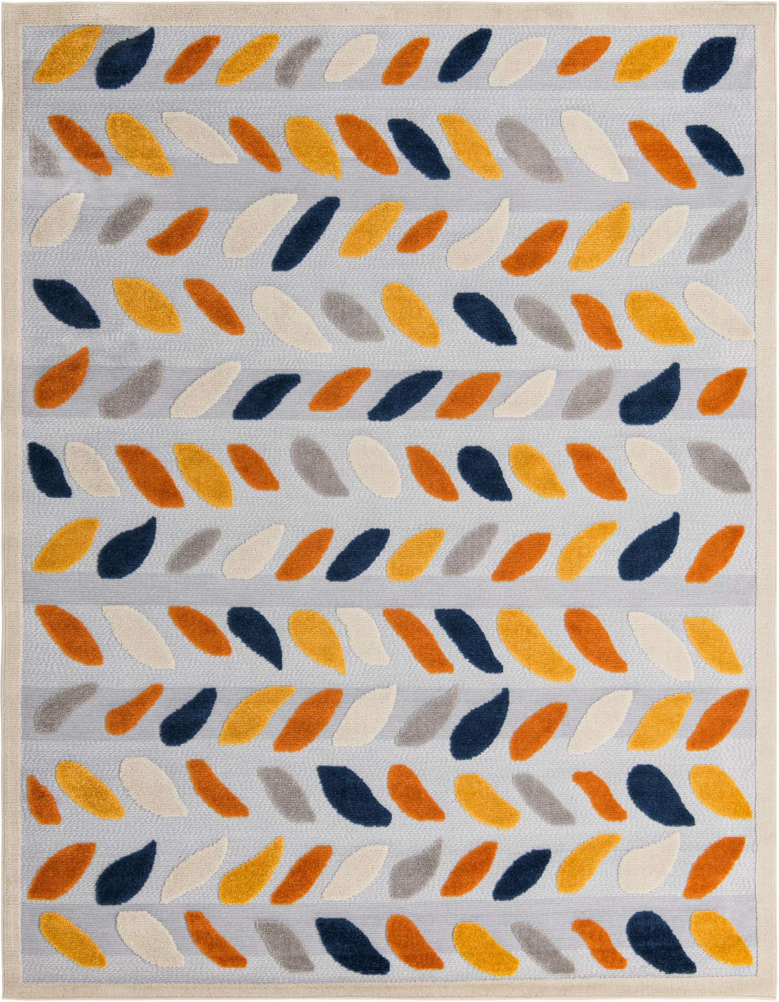 A rectangular 8x10 indoor/outdoor rug with a gray background and a modern bohemian pattern of colorful leaf-like shapes in orange, yellow, navy, and cream.