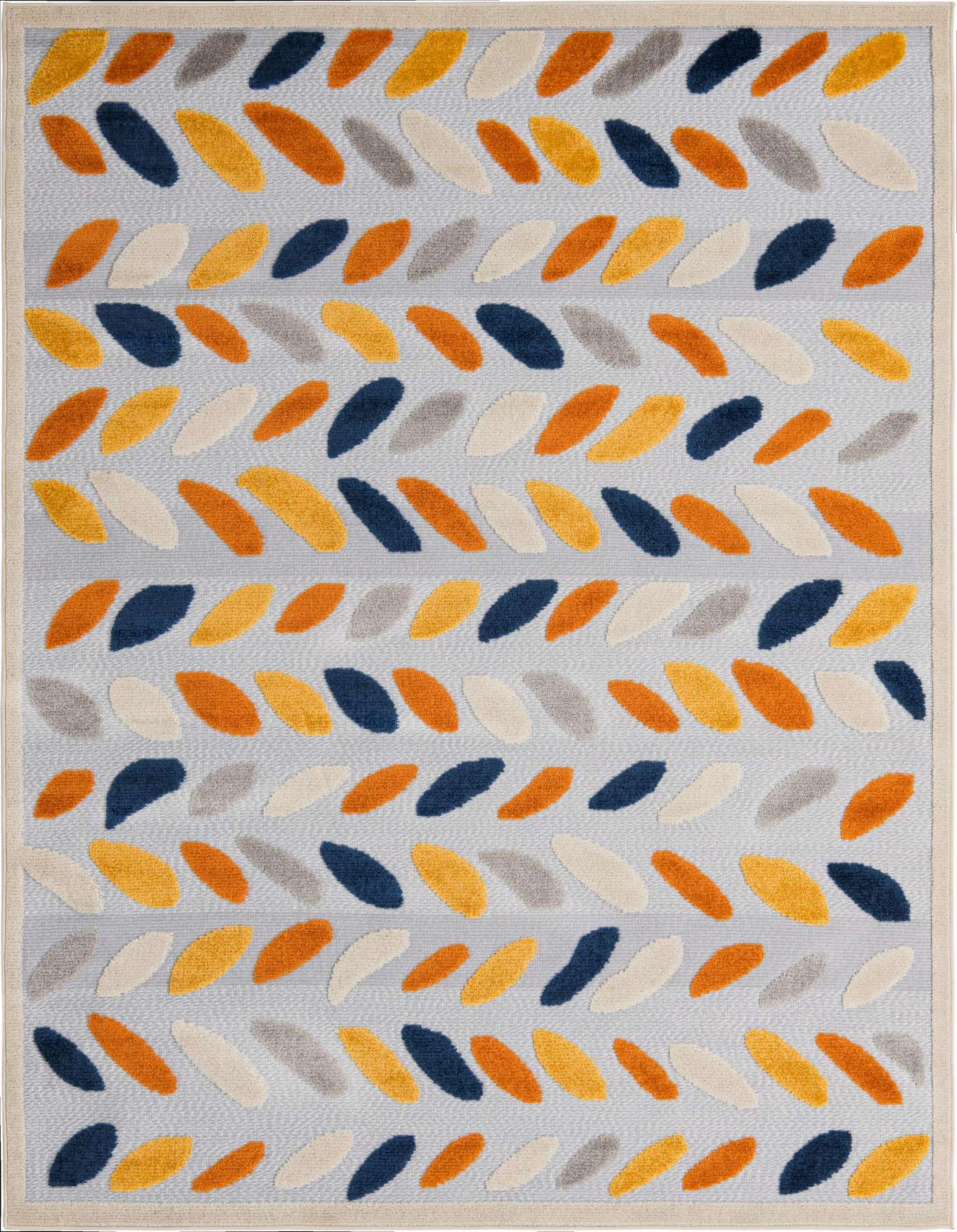 A 6x9 rectangular indoor/outdoor rug with a gray background and a modern bohemian pattern of colorful leaf-like shapes in orange, yellow, navy, and cream.