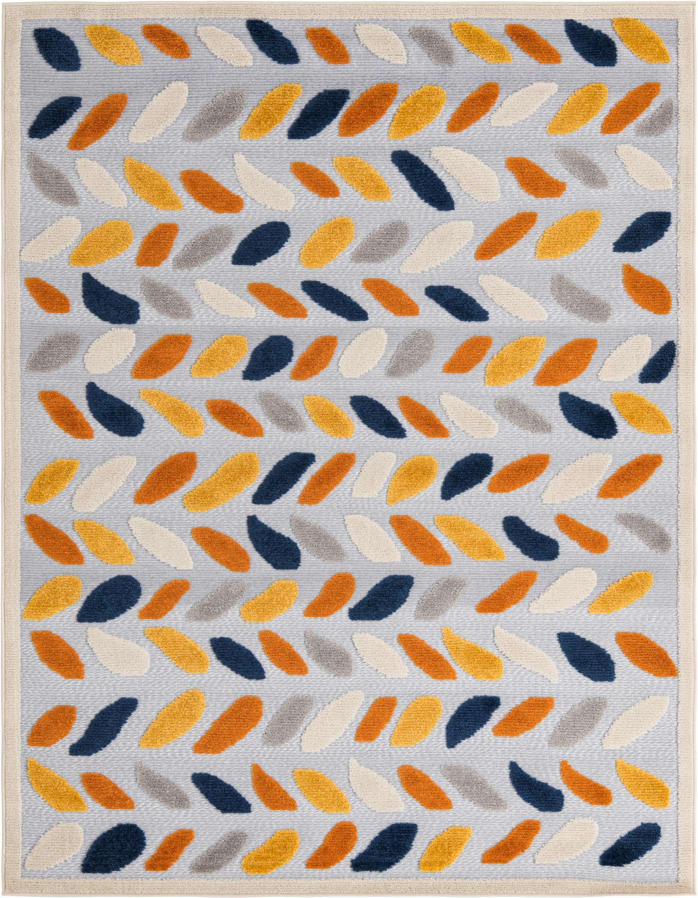 A 5x8 rectangular gray indoor/outdoor rug with a modern bohemian trellis pattern of colorful textured leaves in orange, gold, navy, and cream.