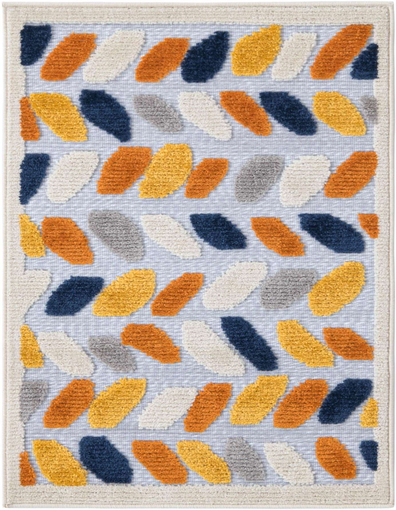 A 2x3 rectangular indoor/outdoor rug with a gray background and a textured bohemian pattern of orange, yellow, navy, and cream leaf-like shapes.