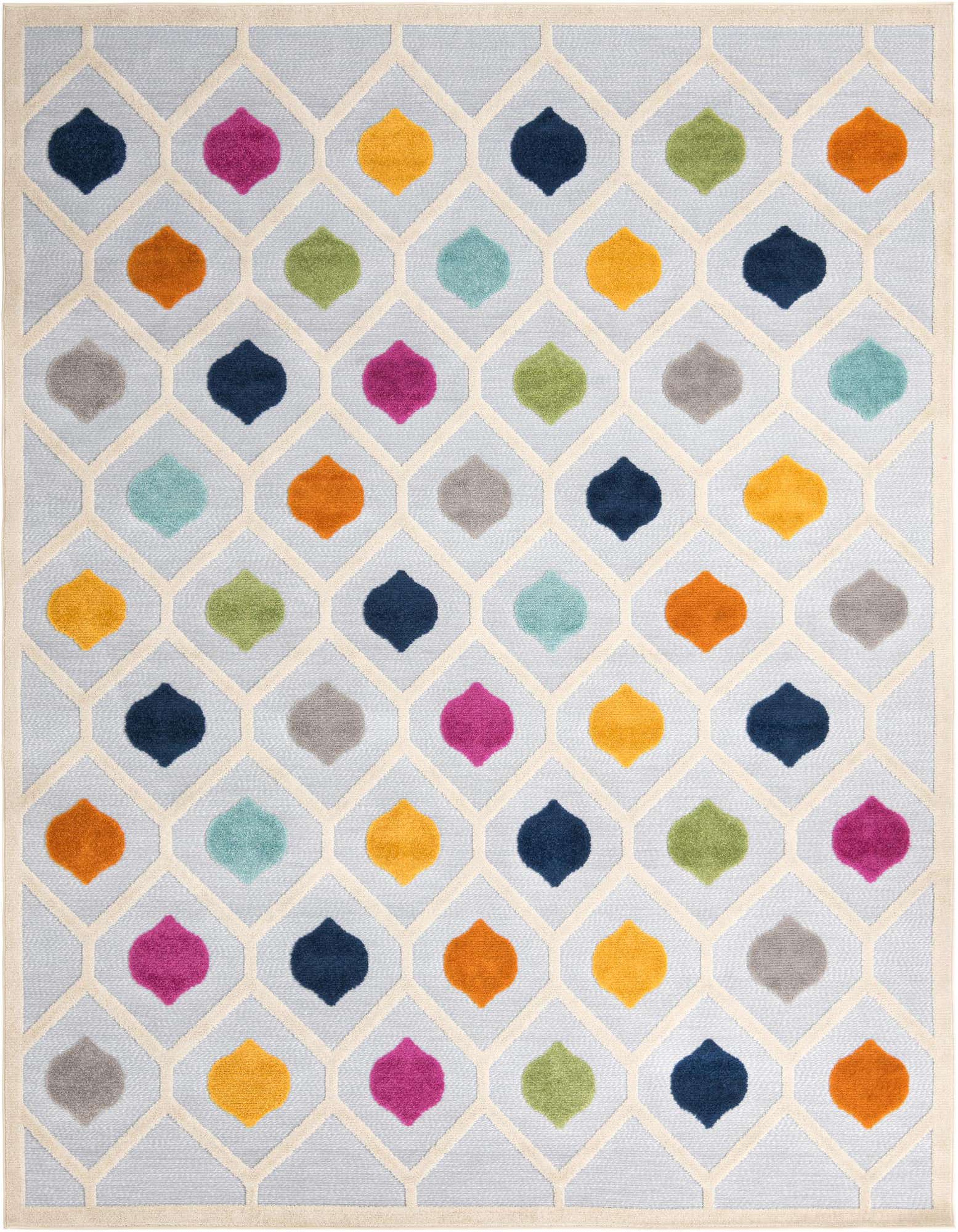 A 9x12 rectangular gray rug with a modern trellis pattern featuring colorful bohemian leaf shapes in orange, blue, green, pink, and yellow.