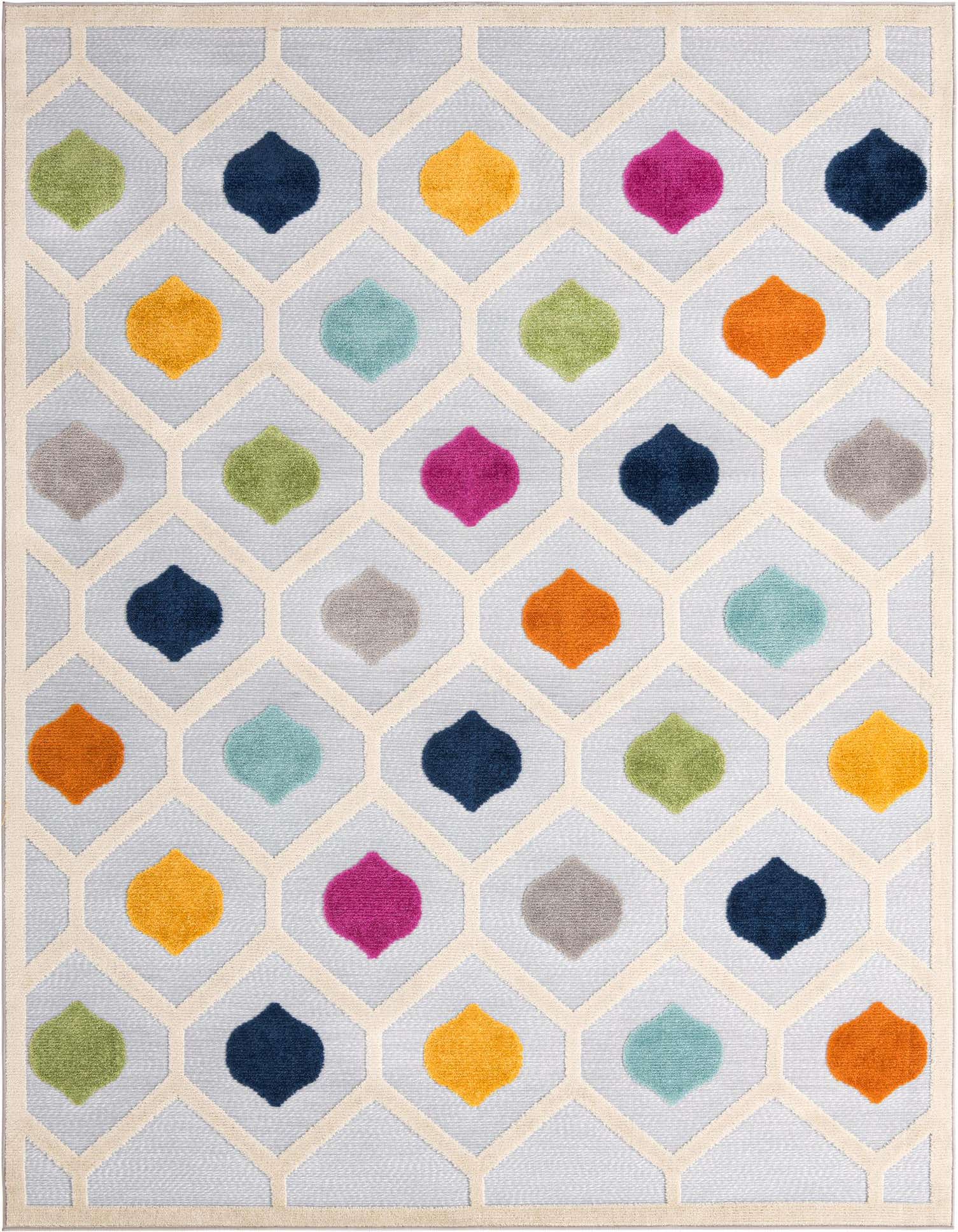 A 7x10 rectangular gray rug with a modern trellis pattern featuring colorful bohemian-style leaf shapes in various hues.