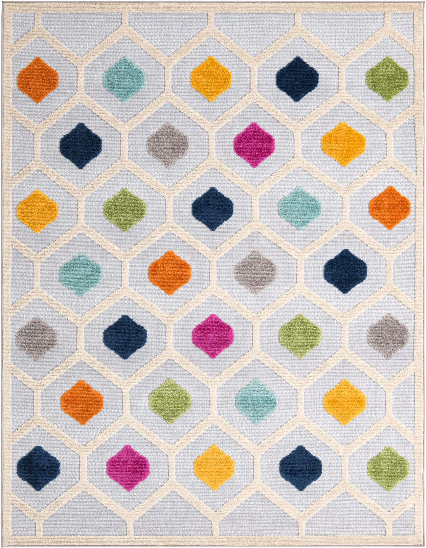 A 6x9 rectangular gray indoor/outdoor rug with a colorful geometric trellis pattern of orange, blue, teal, pink, yellow, and green shapes.