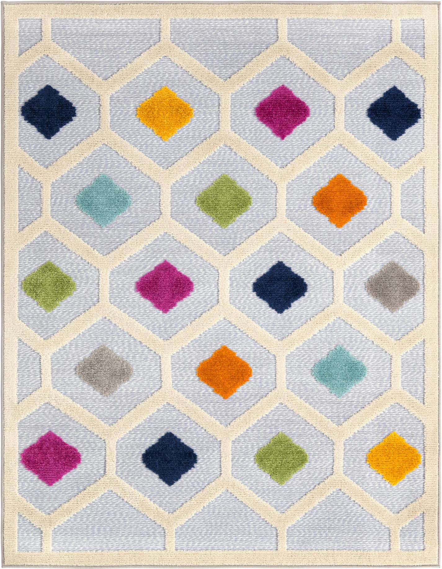 A 4x6 rectangular gray rug with a cream trellis pattern, featuring colorful diamond shapes in navy, fuchsia, orange, green, and teal.