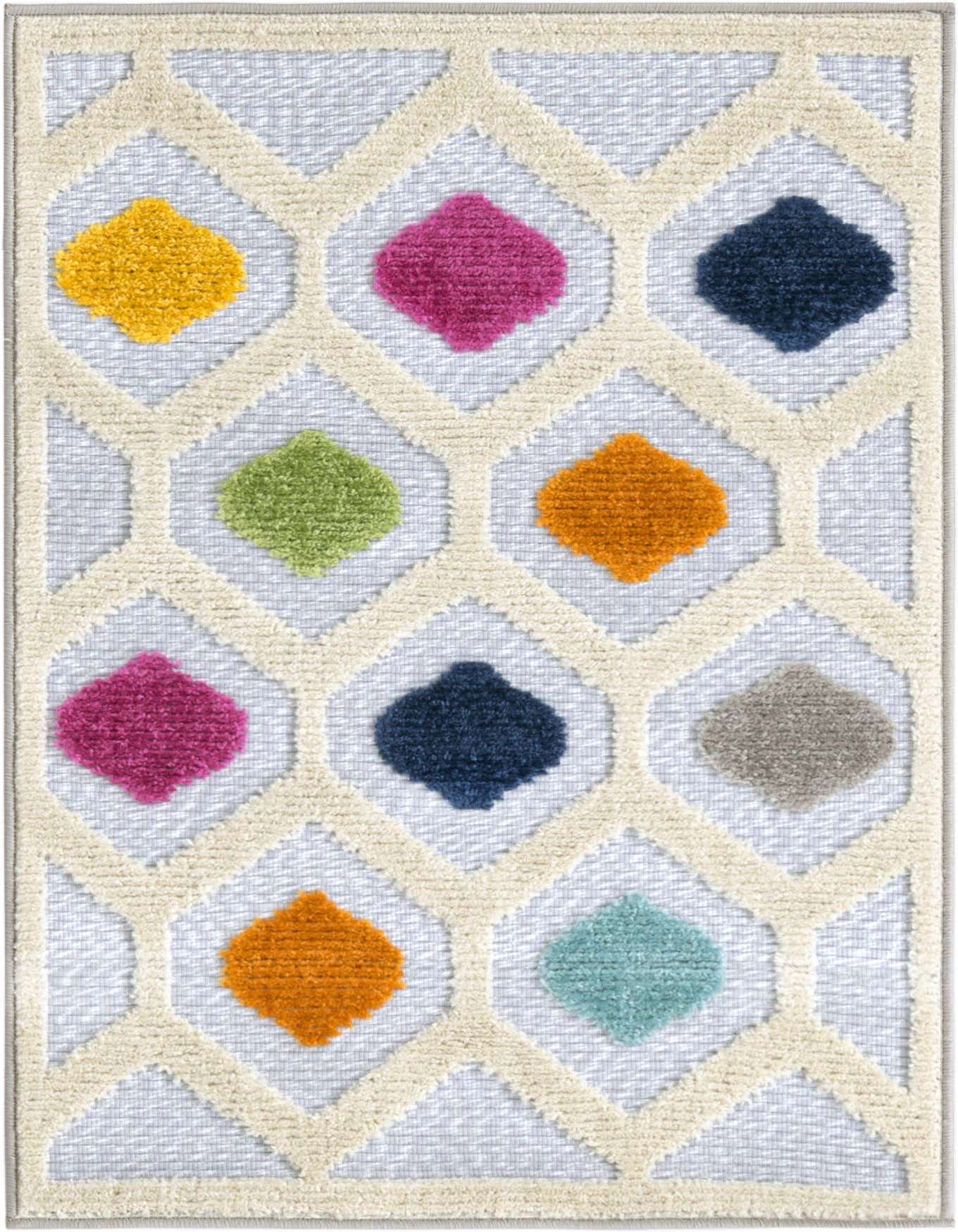 A 2x3 rectangular gray indoor/outdoor rug with a textured cream trellis pattern and colorful bohemian diamond shapes.