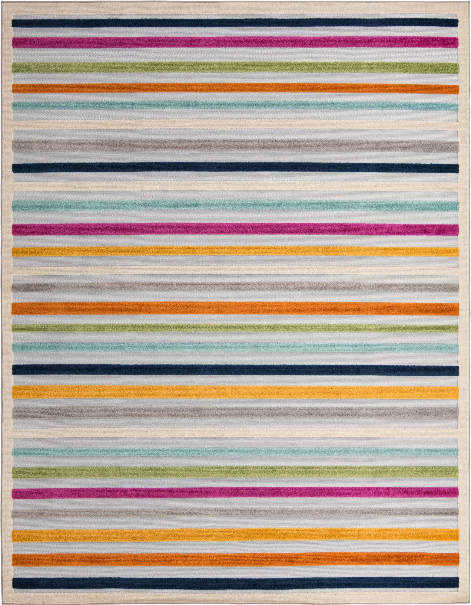 A 9x12 rectangular indoor/outdoor rug featuring horizontal stripes in various colors like gray, blue, orange, green, and pink, with a light border.
