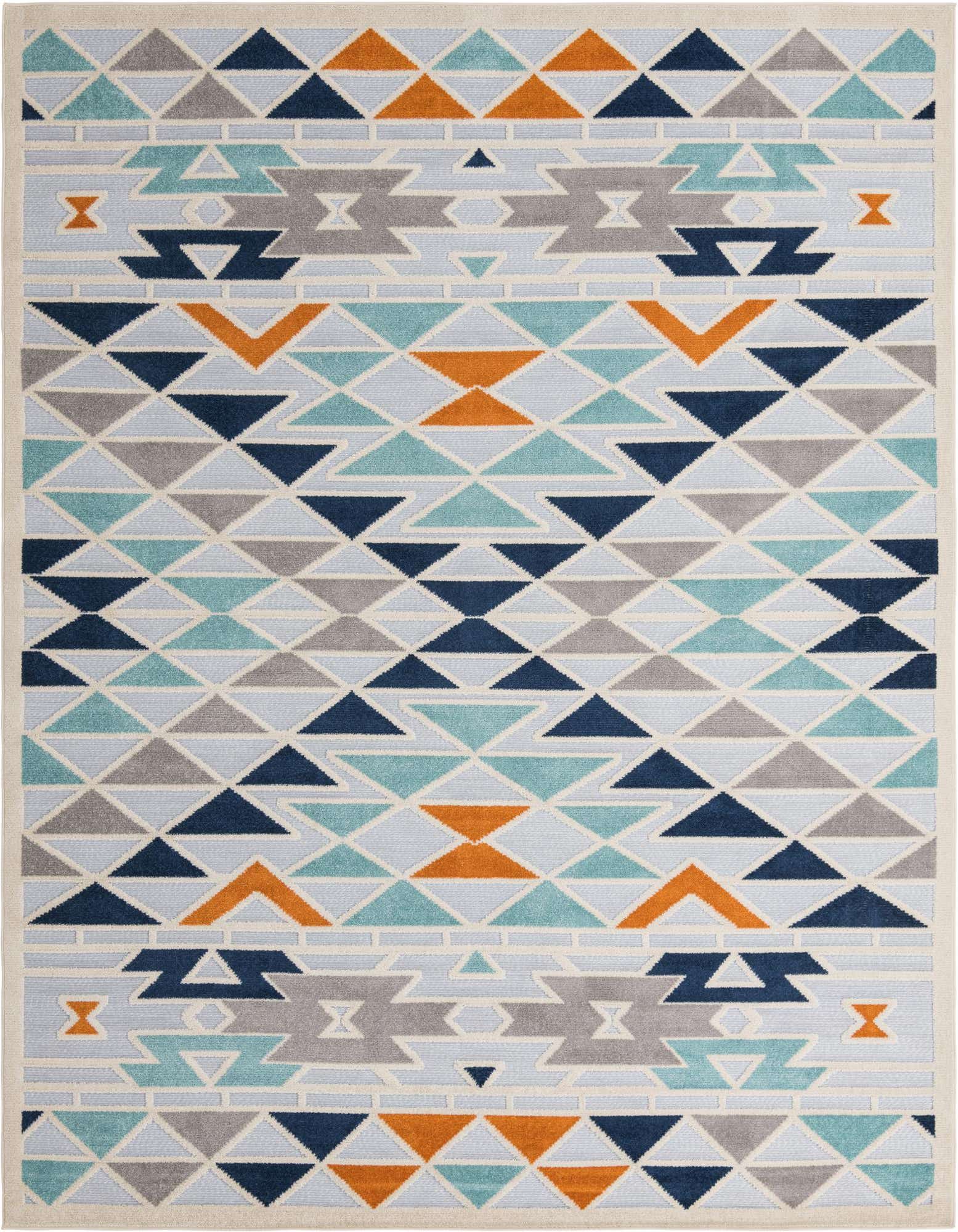 A 9x12 rectangular indoor/outdoor rug featuring a vibrant bohemian tribal pattern in shades of gray, silver, navy, teal, and orange.