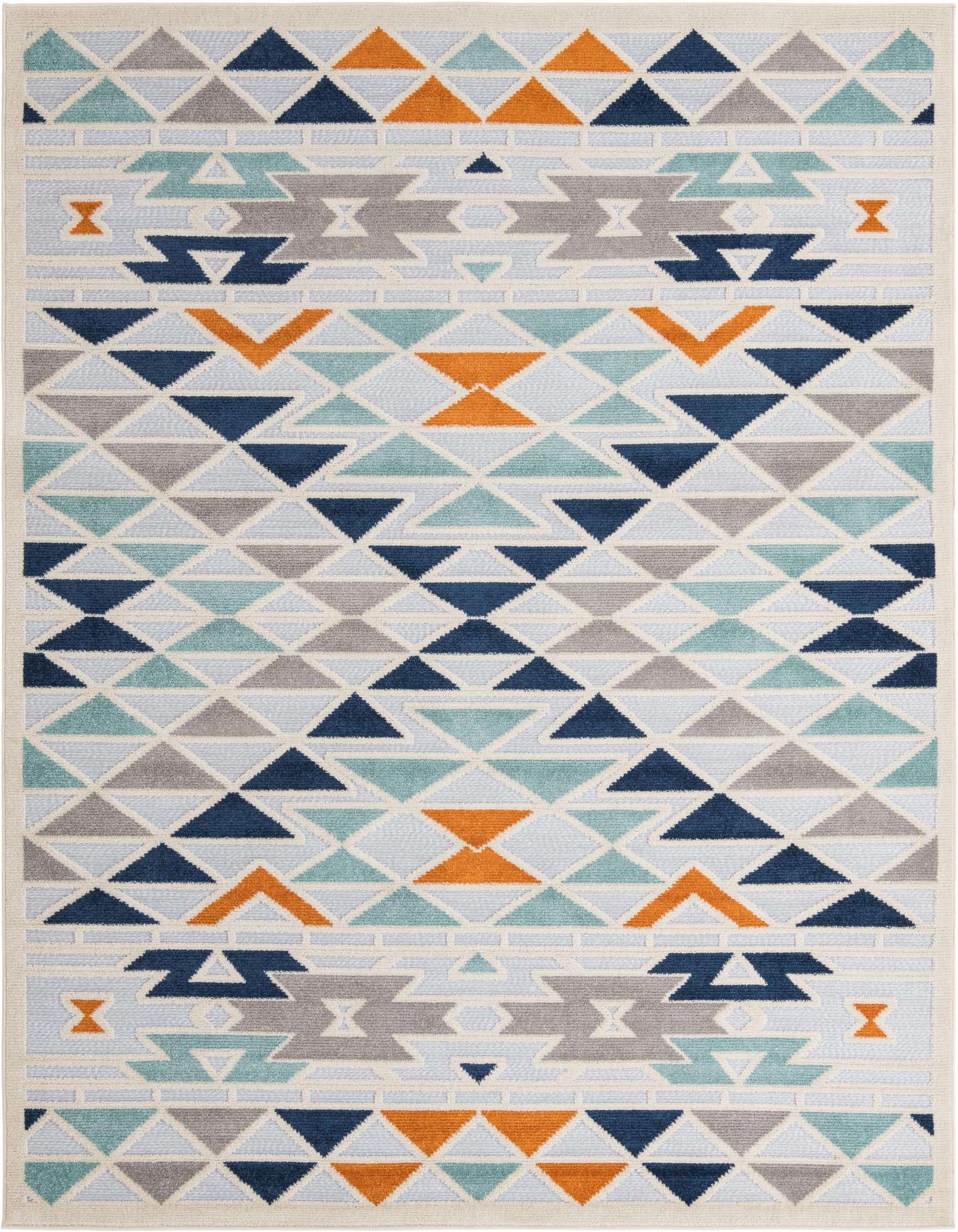 A rectangular 8x10 Aruba Outdoor rug featuring a modern tribal pattern in shades of gray, silver, navy, teal, and orange, on a light background.