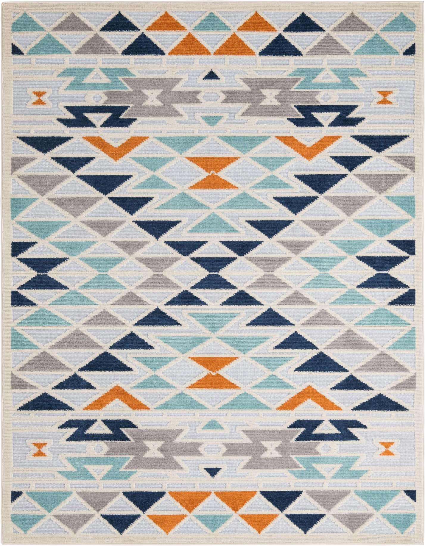 A 6x9 rectangular Aruba Outdoor rug featuring a vibrant Bohemian tribal pattern in gray, silver, blue, teal, and orange.
