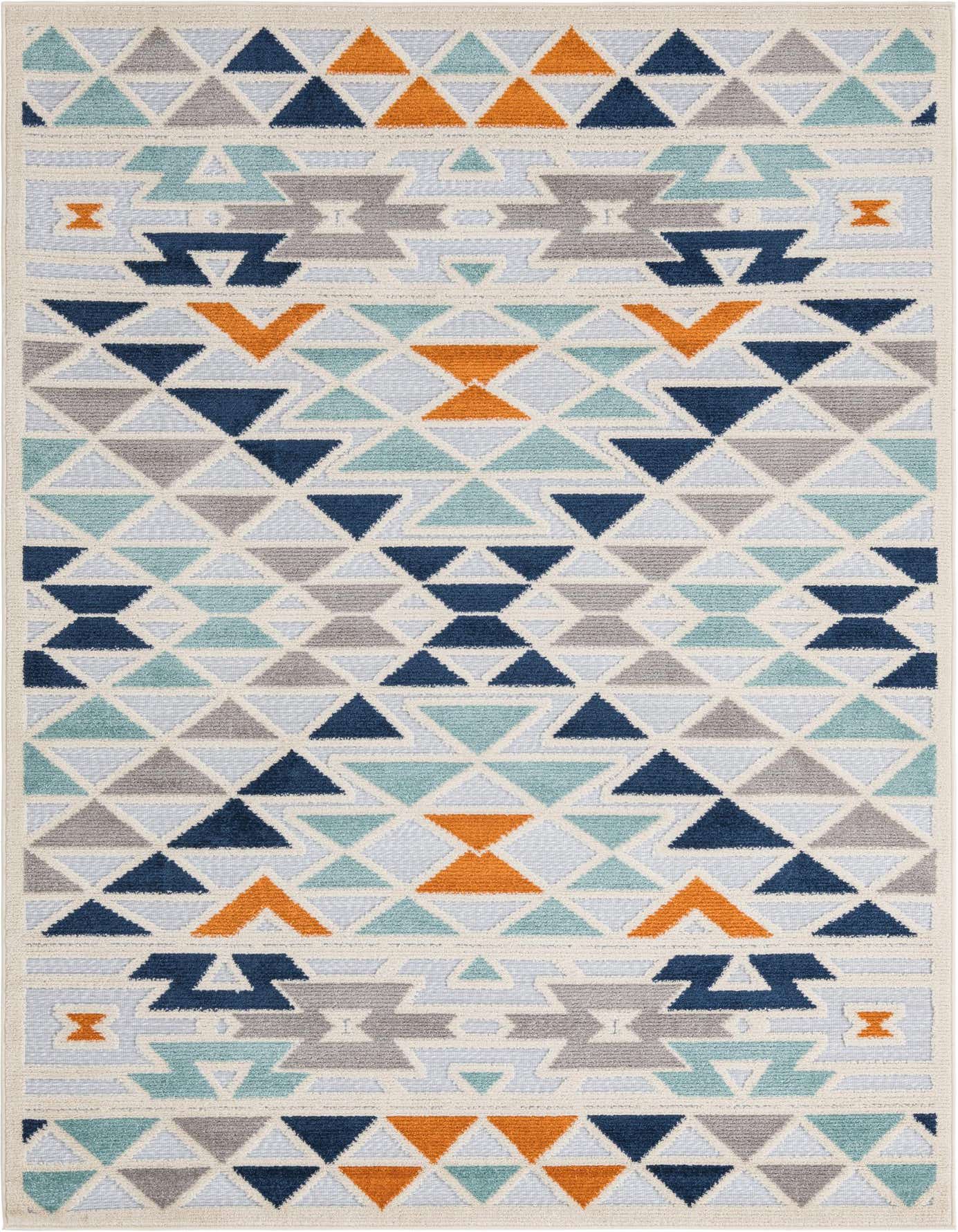 A 5x8 rectangular indoor/outdoor rug featuring a tribal geometric pattern in shades of gray, silver, light blue, dark blue, and orange on a cream background.
