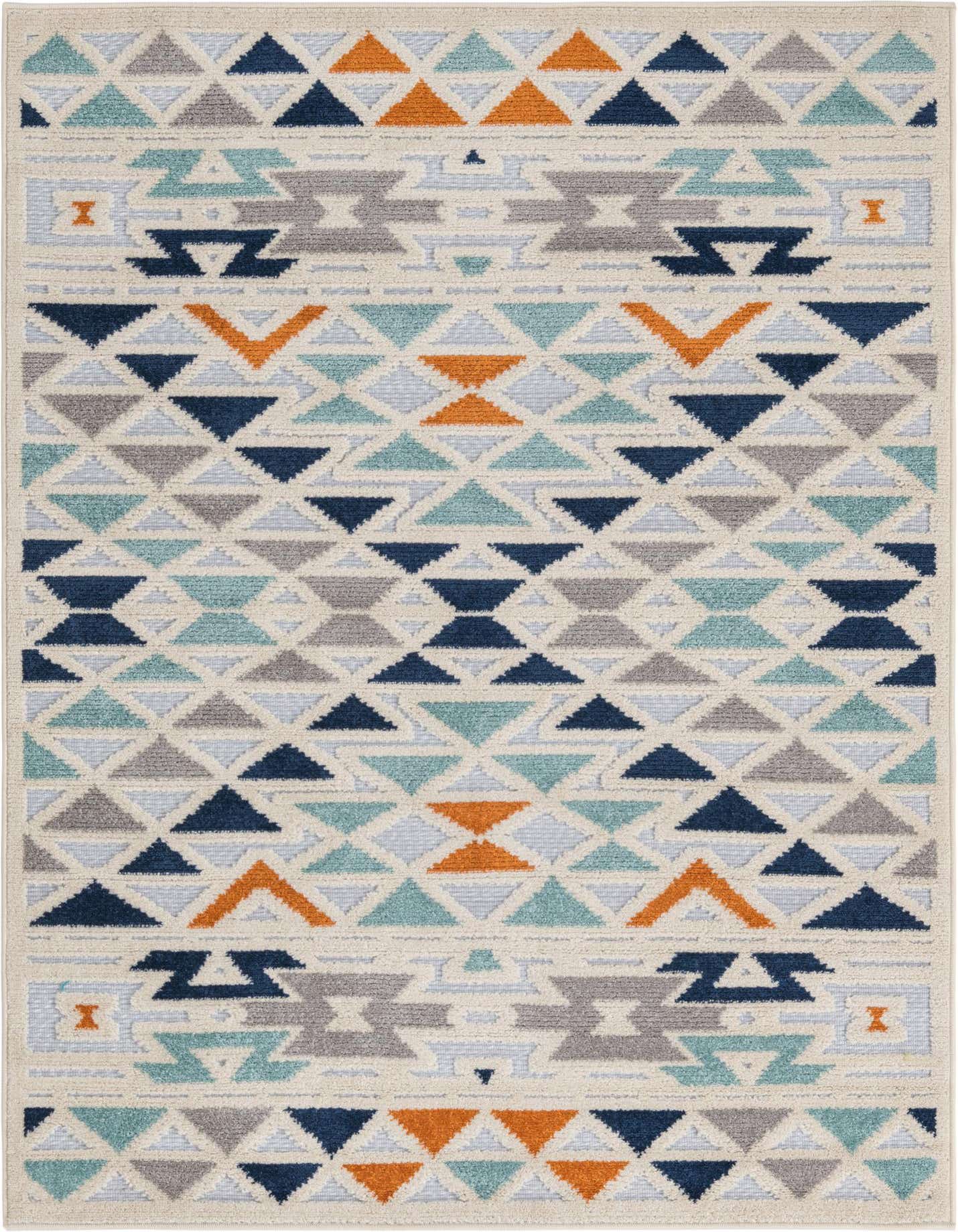 A 4x6 rectangular indoor/outdoor rug with a tribal geometric pattern in shades of gray, silver, blue, teal, and orange on a cream background.
